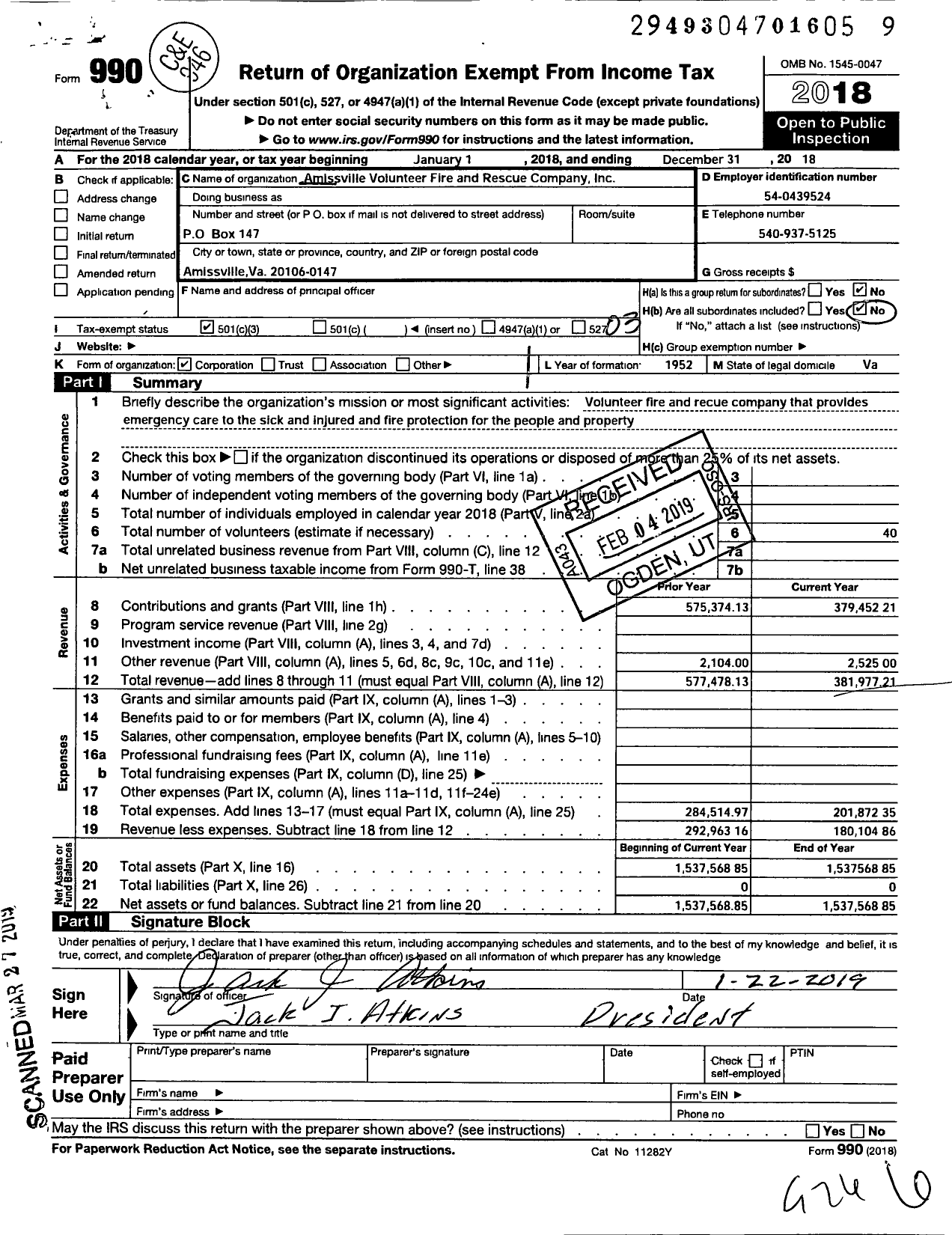 Image of first page of 2018 Form 990 for Amissville Volunteer Fire and Rescue Company