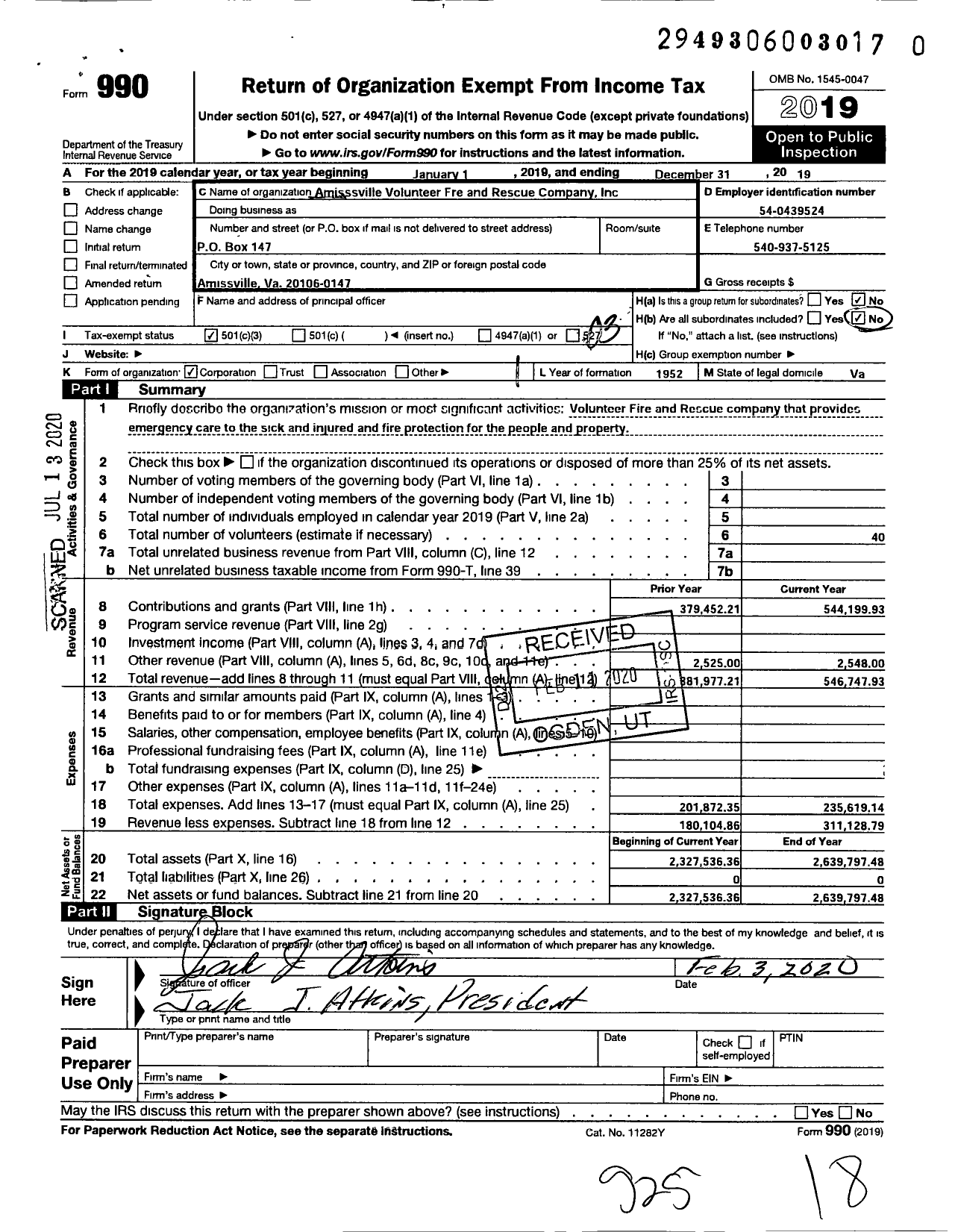 Image of first page of 2019 Form 990 for Amissville Volunteer Fire and Rescue Company