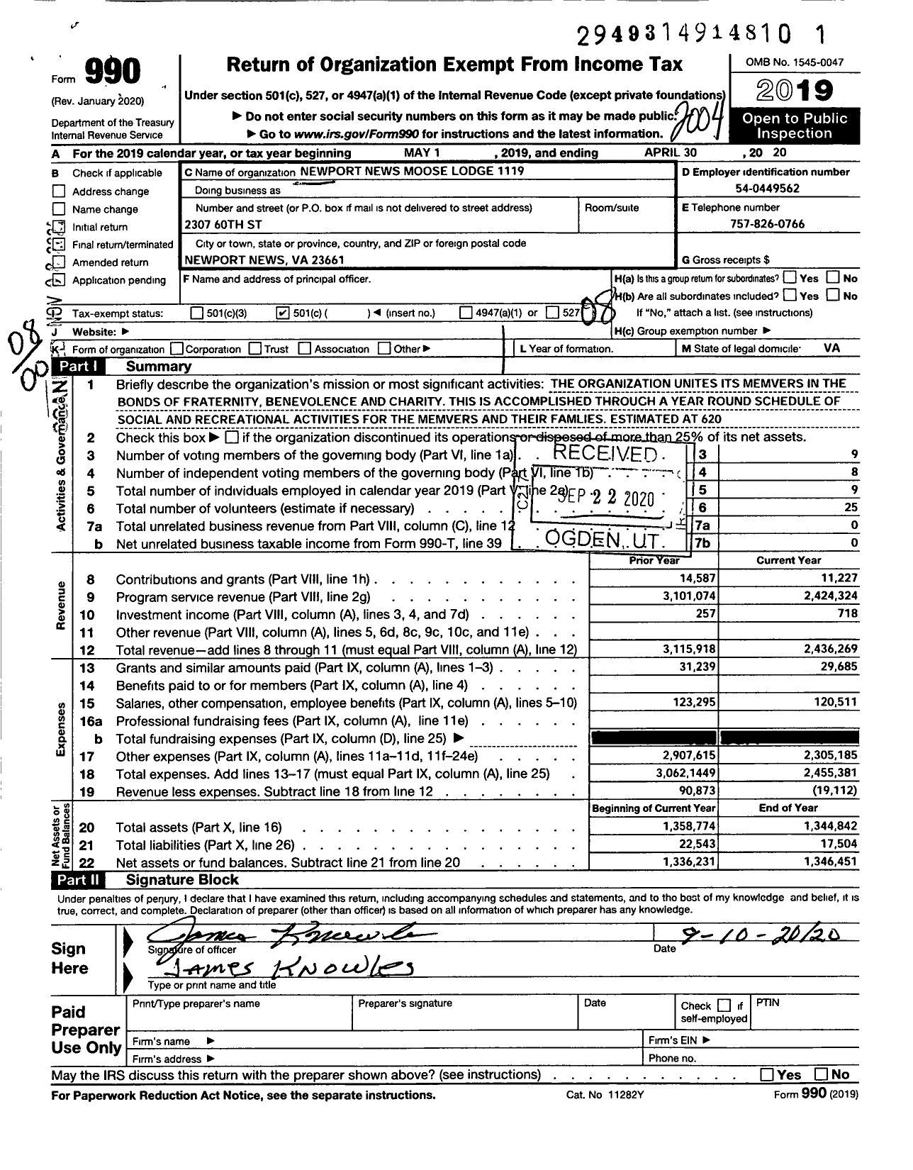 Image of first page of 2019 Form 990O for Loyal Order of Moose - Moose International.