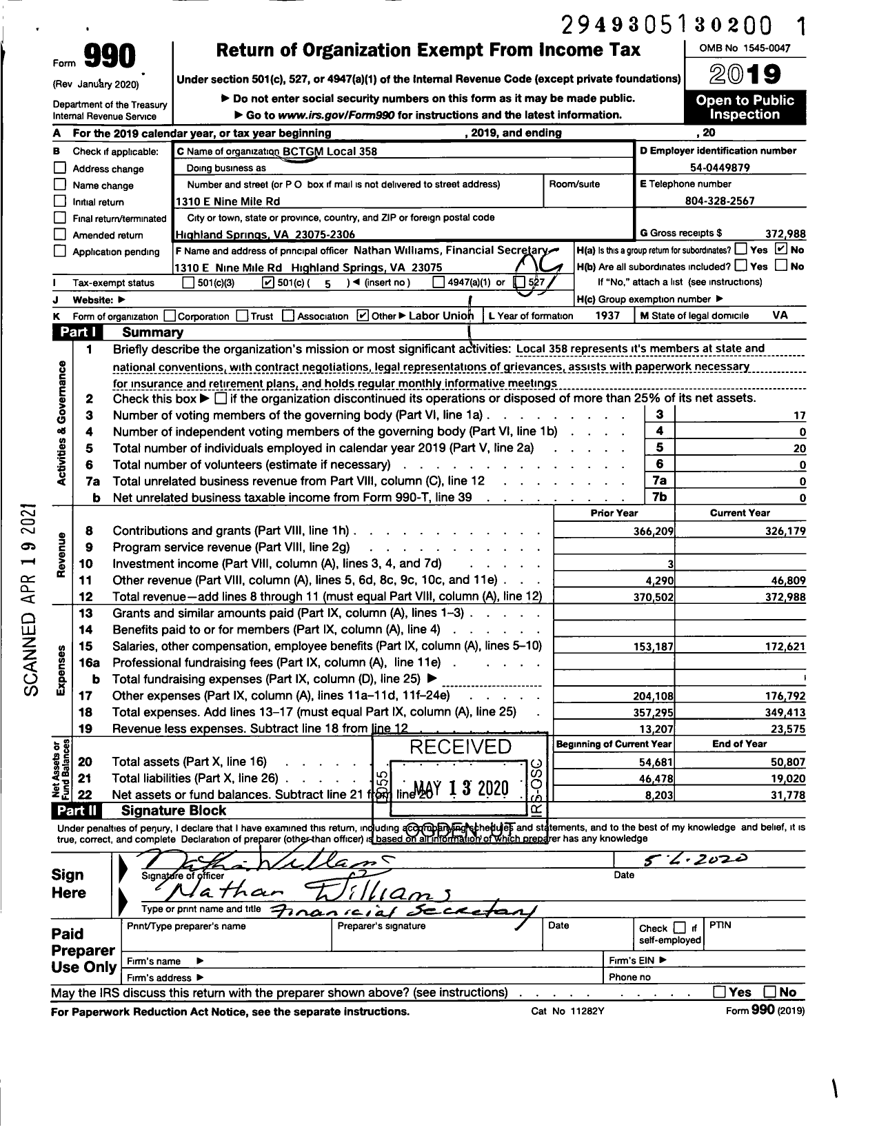 Image of first page of 2019 Form 990O for BCTGM International Union - BCTGM Local 358