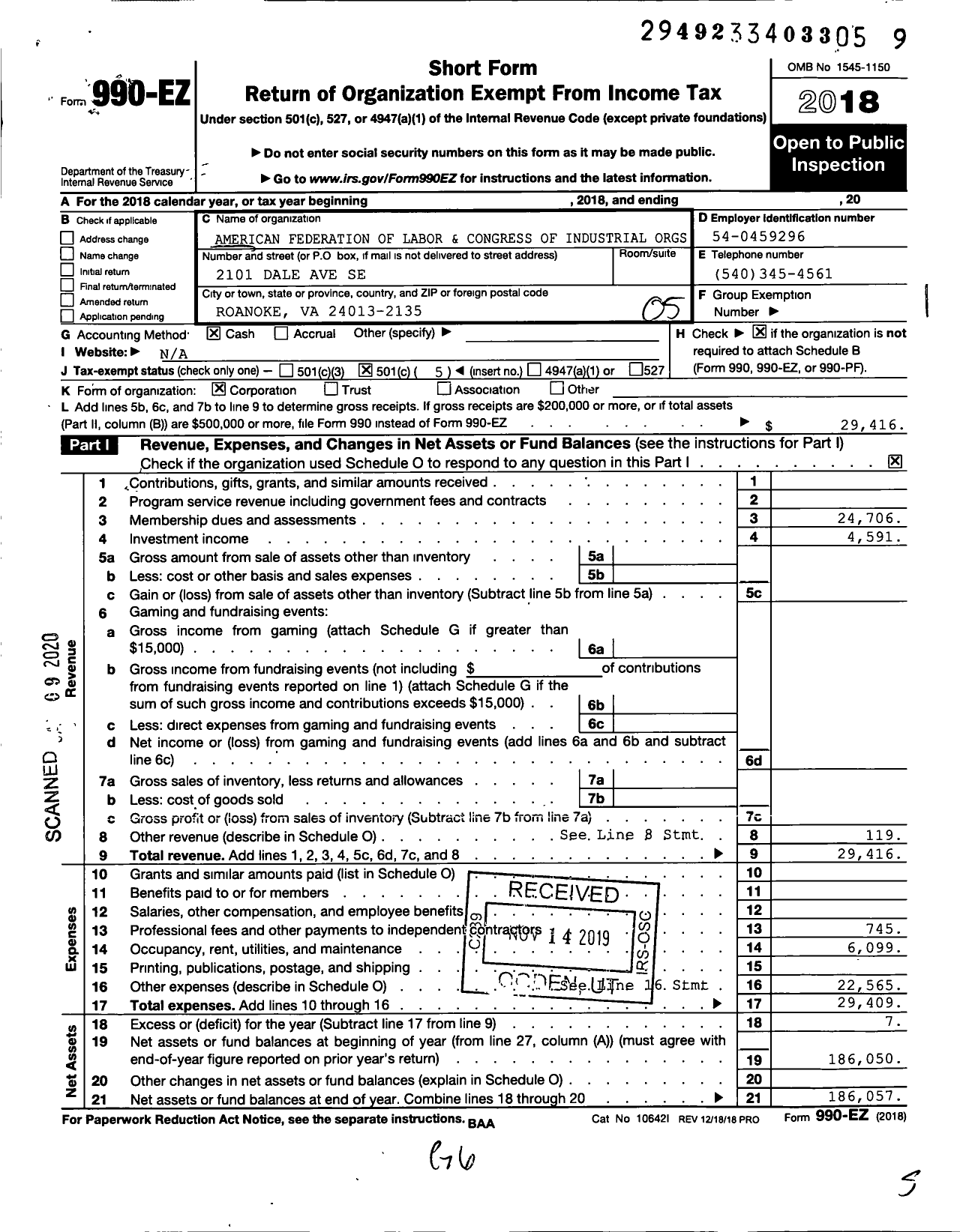 Image of first page of 2018 Form 990EO for AFL-CIO - Southwestern Virginia BCTC