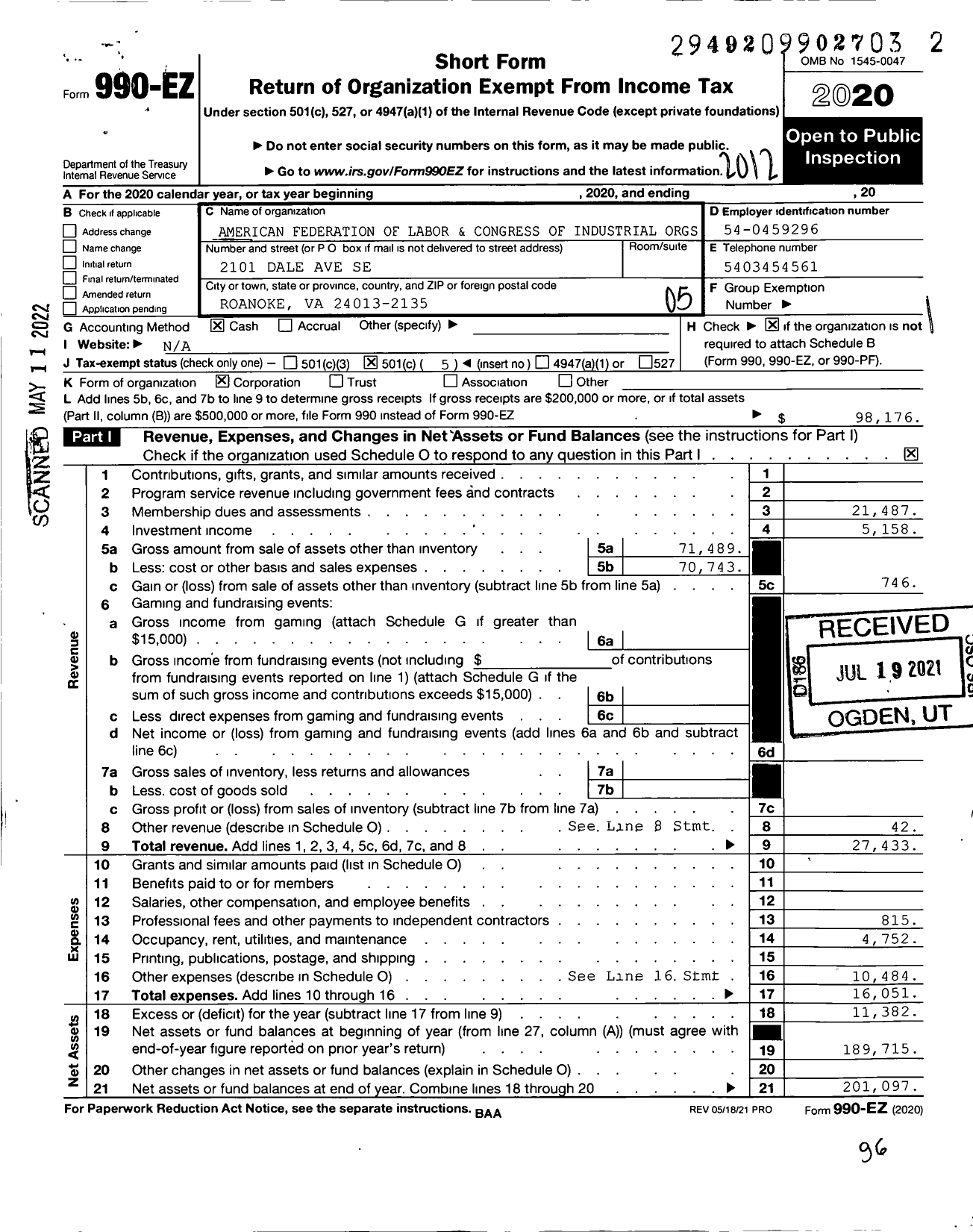 Image of first page of 2020 Form 990EO for AFL-CIO - Southwestern Virginia BCTC