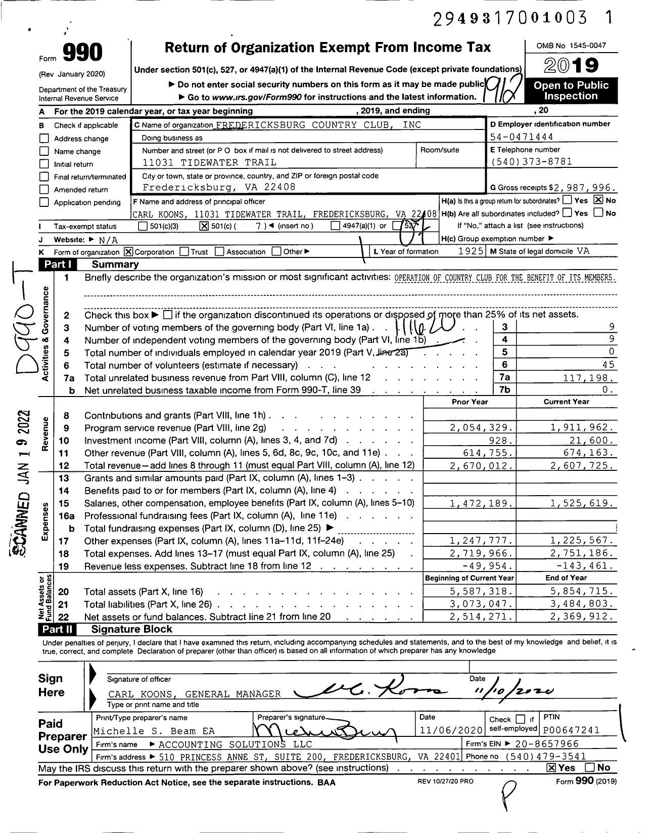 Image of first page of 2019 Form 990O for Fredericksburg Country Club