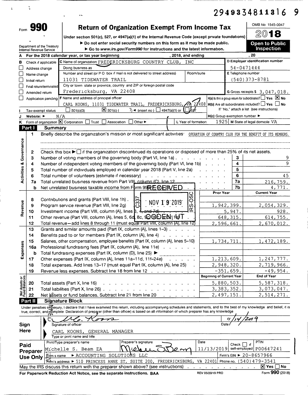 Image of first page of 2018 Form 990O for Fredericksburg Country Club