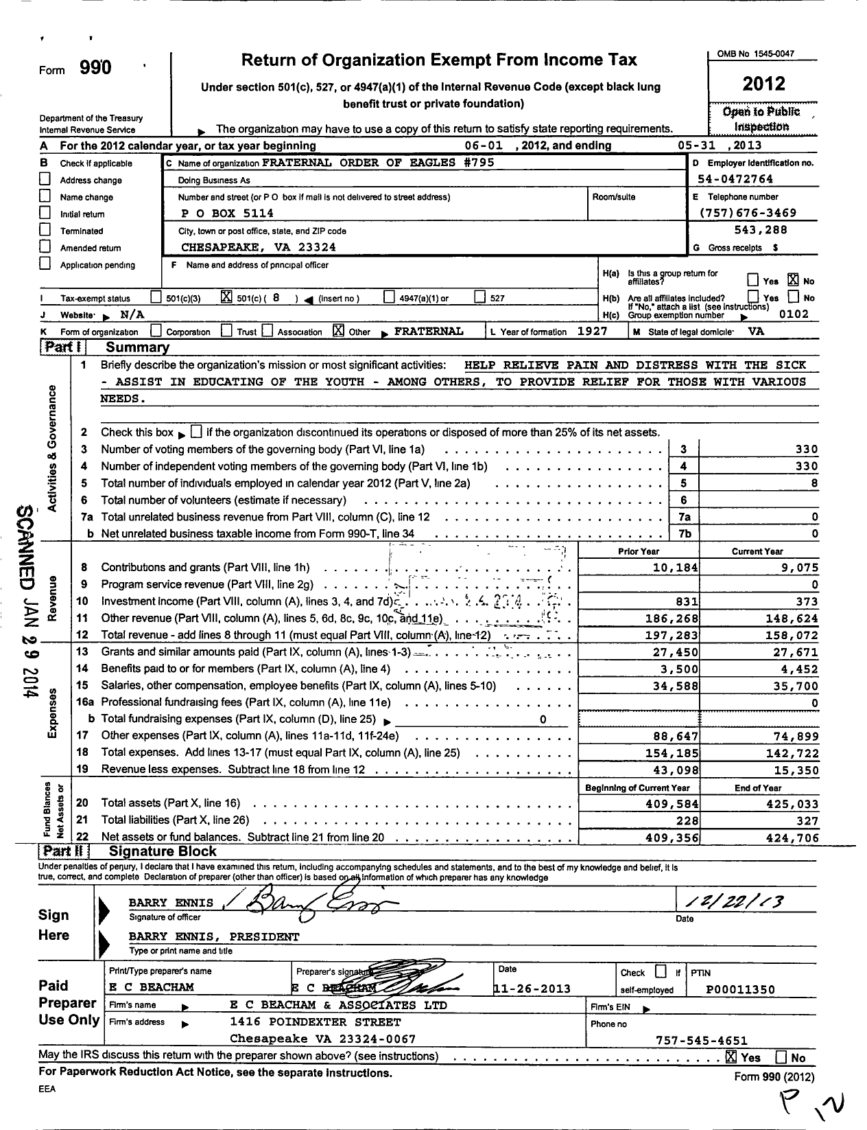 Image of first page of 2012 Form 990O for Fraternal Order of Eagles - 795 Aerie