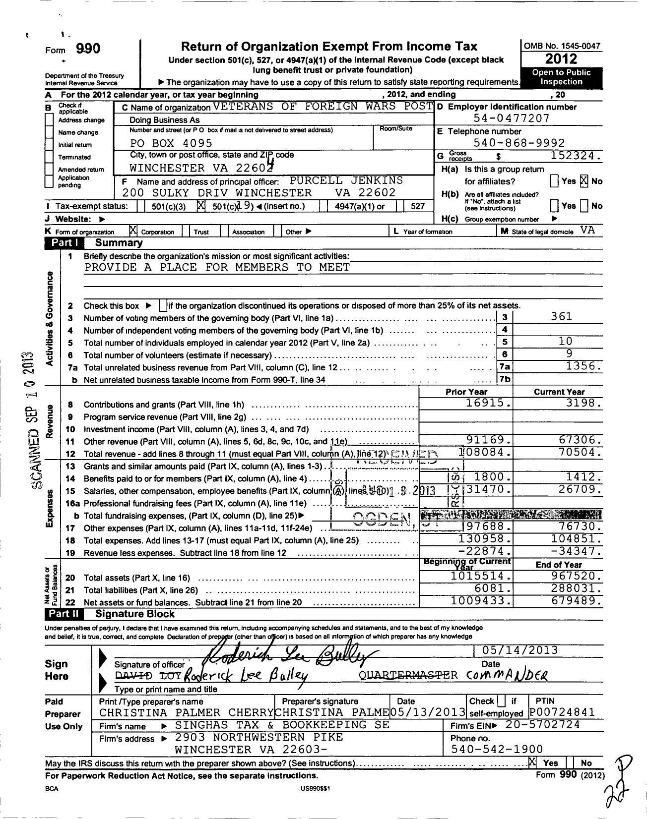 Image of first page of 2012 Form 990O for VFW Virginia - 2123 Winchester