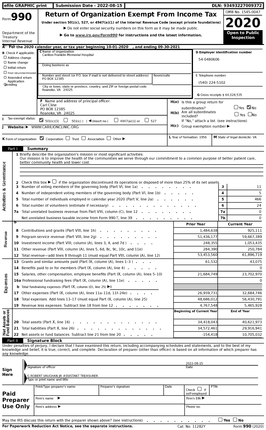 Image of first page of 2020 Form 990 for Carilion Franklin Memorial Hospital