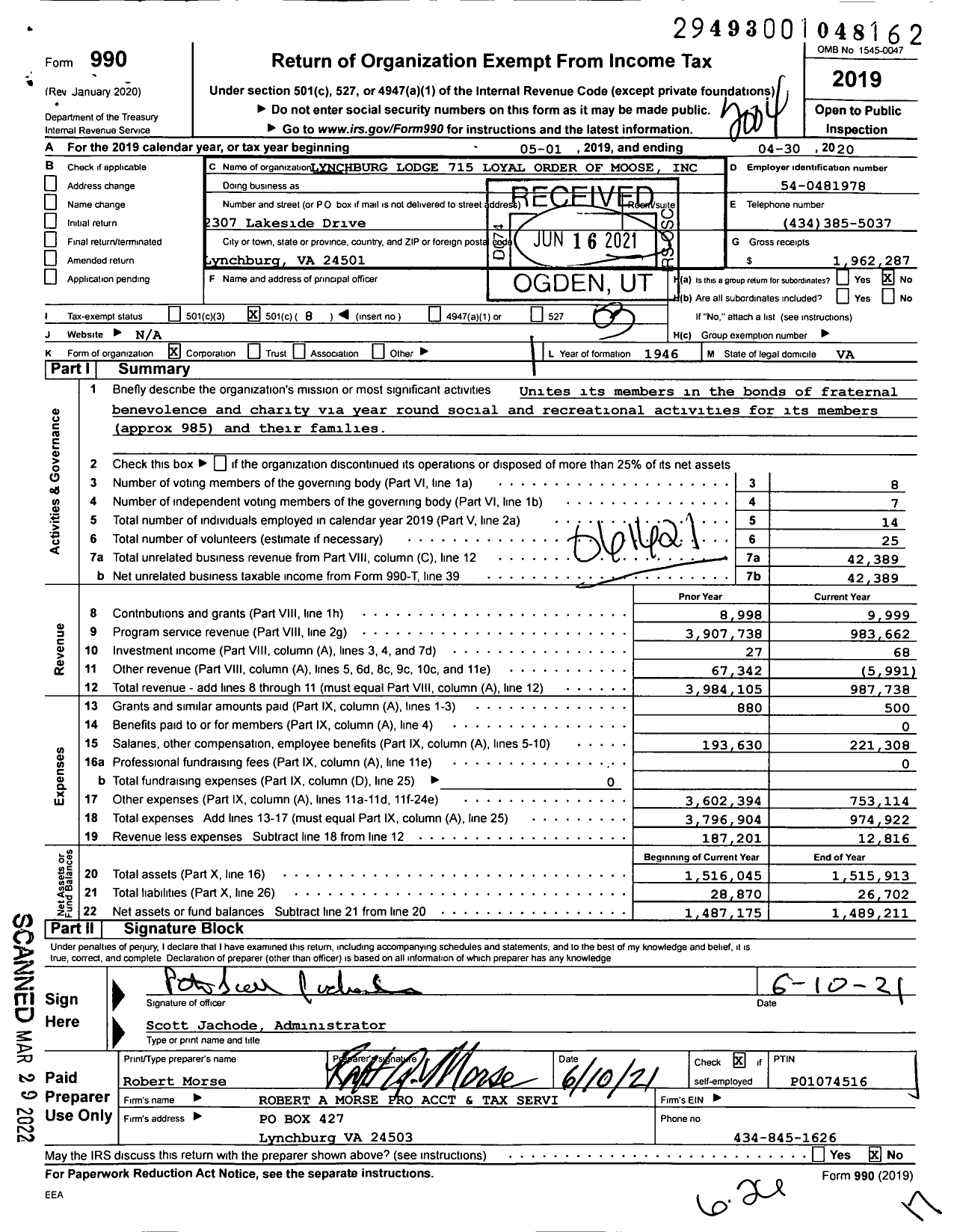 Image of first page of 2019 Form 990 for Lynchburg Lodge 715 Loyal Order of Moose