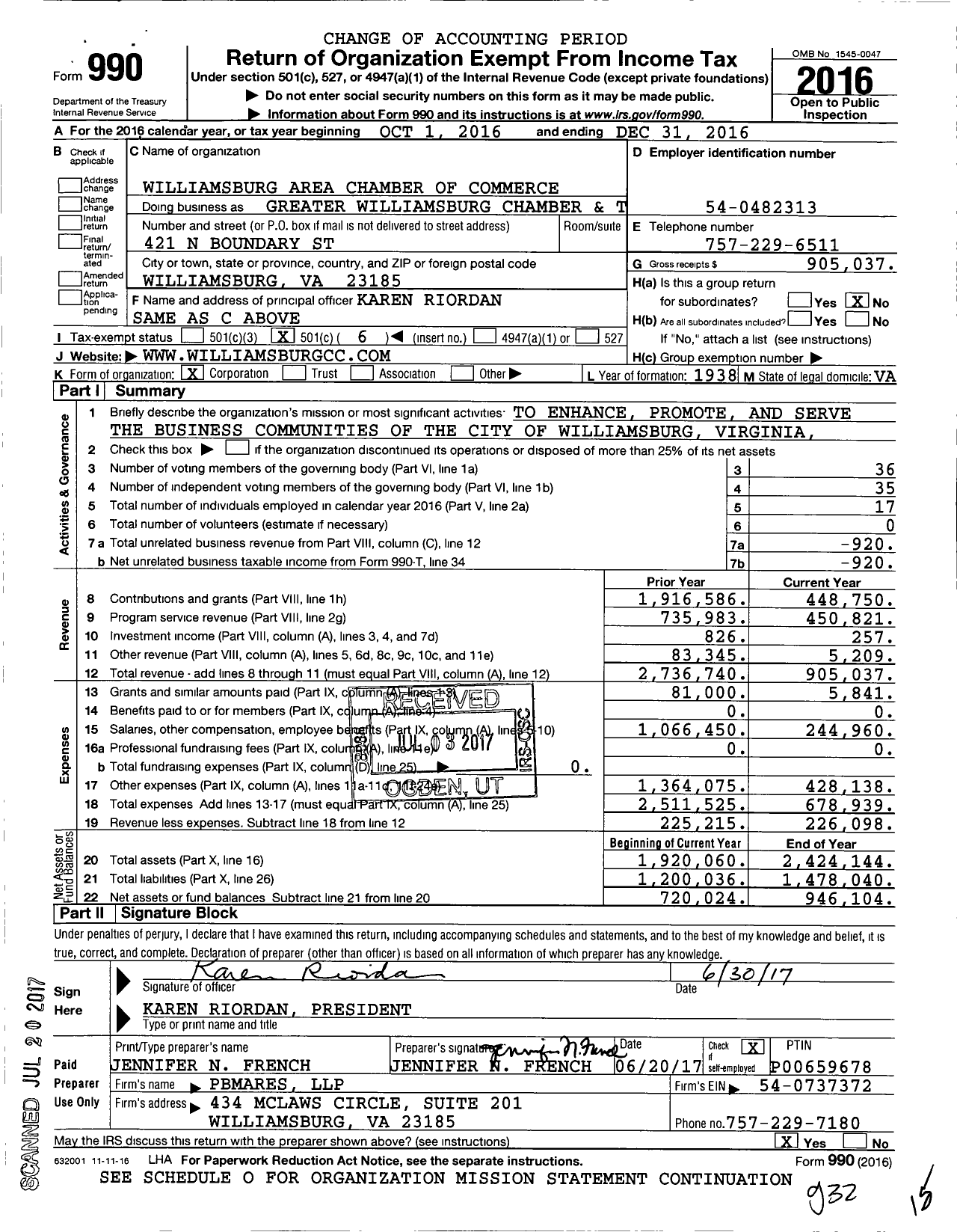 Image of first page of 2016 Form 990O for Greater Williamsburg Chamber and Tourism Alliance