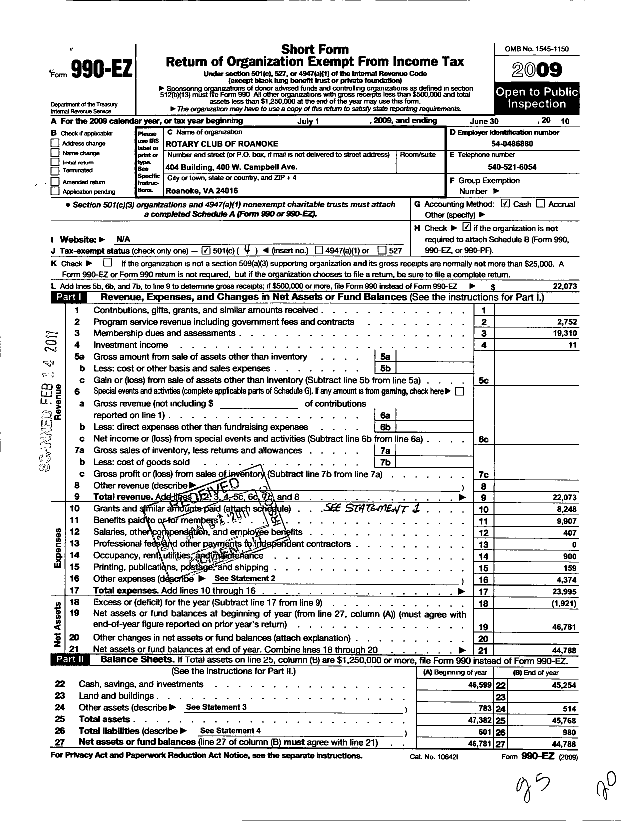 Image of first page of 2009 Form 990EO for Rotary International - Rotary Club of Roanoke