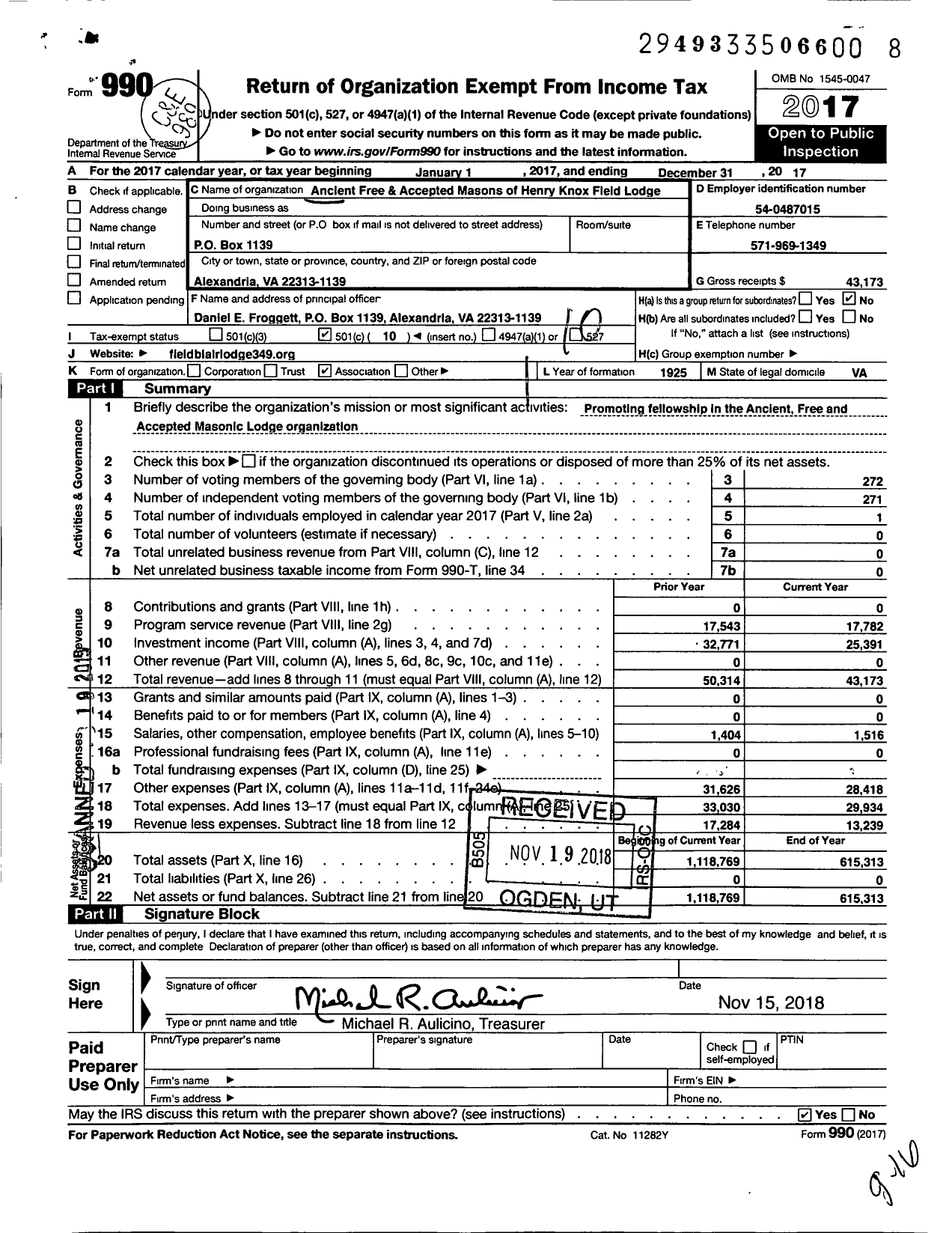 Image of first page of 2017 Form 990O for Free and Accepted Masons of Virginia - 349 Henry Knox Fieldlodge