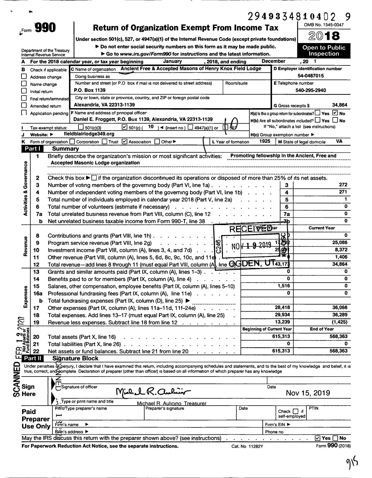 Image of first page of 2018 Form 990O for Free and Accepted Masons of Virginia - 349 Henry Knox Fieldlodge