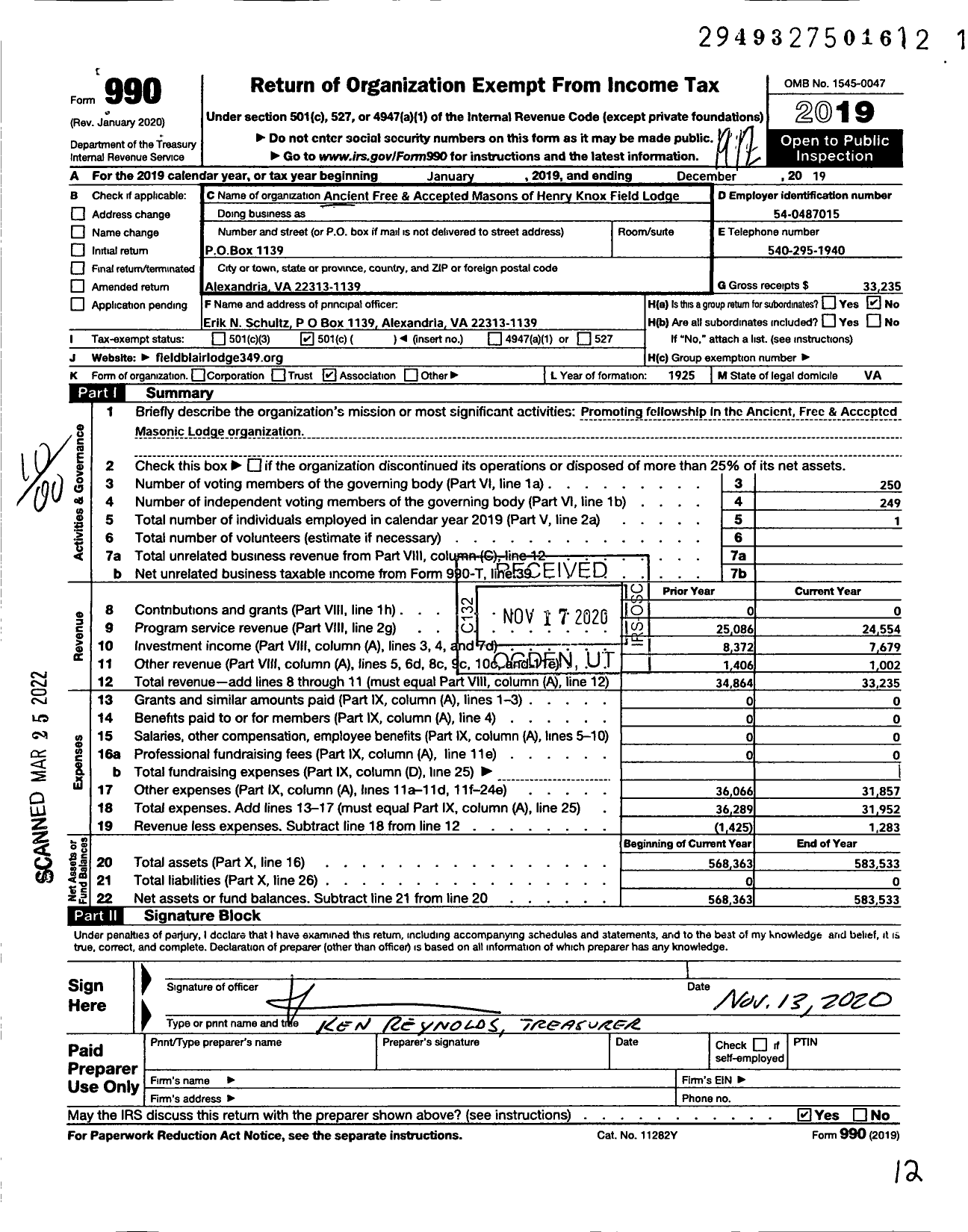 Image of first page of 2019 Form 990O for Free and Accepted Masons of Virginia - 349 Henry Knox Fieldlodge