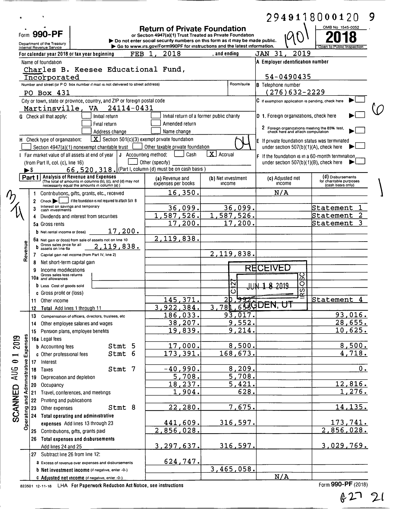 Image of first page of 2018 Form 990PF for Charles B Keesee Educational Fund