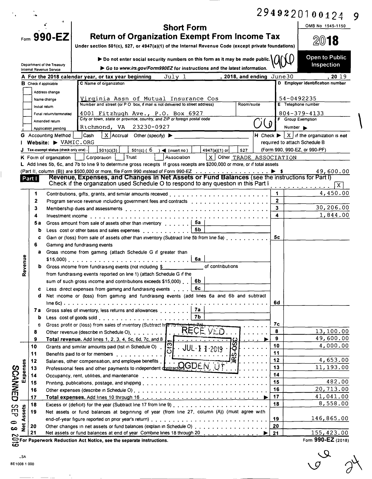 Image of first page of 2018 Form 990EO for Virginia Association of Mutual Insurance Companies