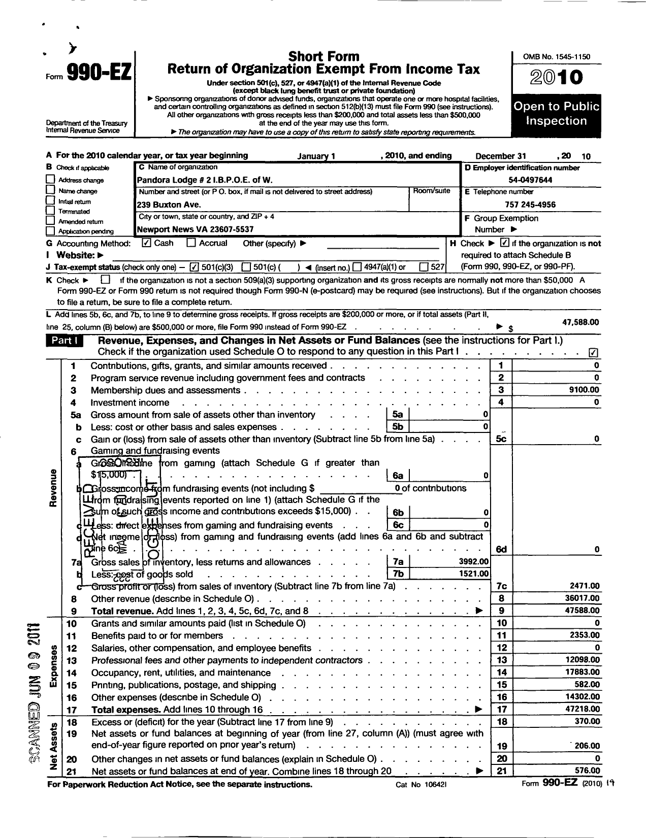 Image of first page of 2010 Form 990EZ for Improved Benevolent and Protective Order of Elks of the World - 2 Pandora Lodge