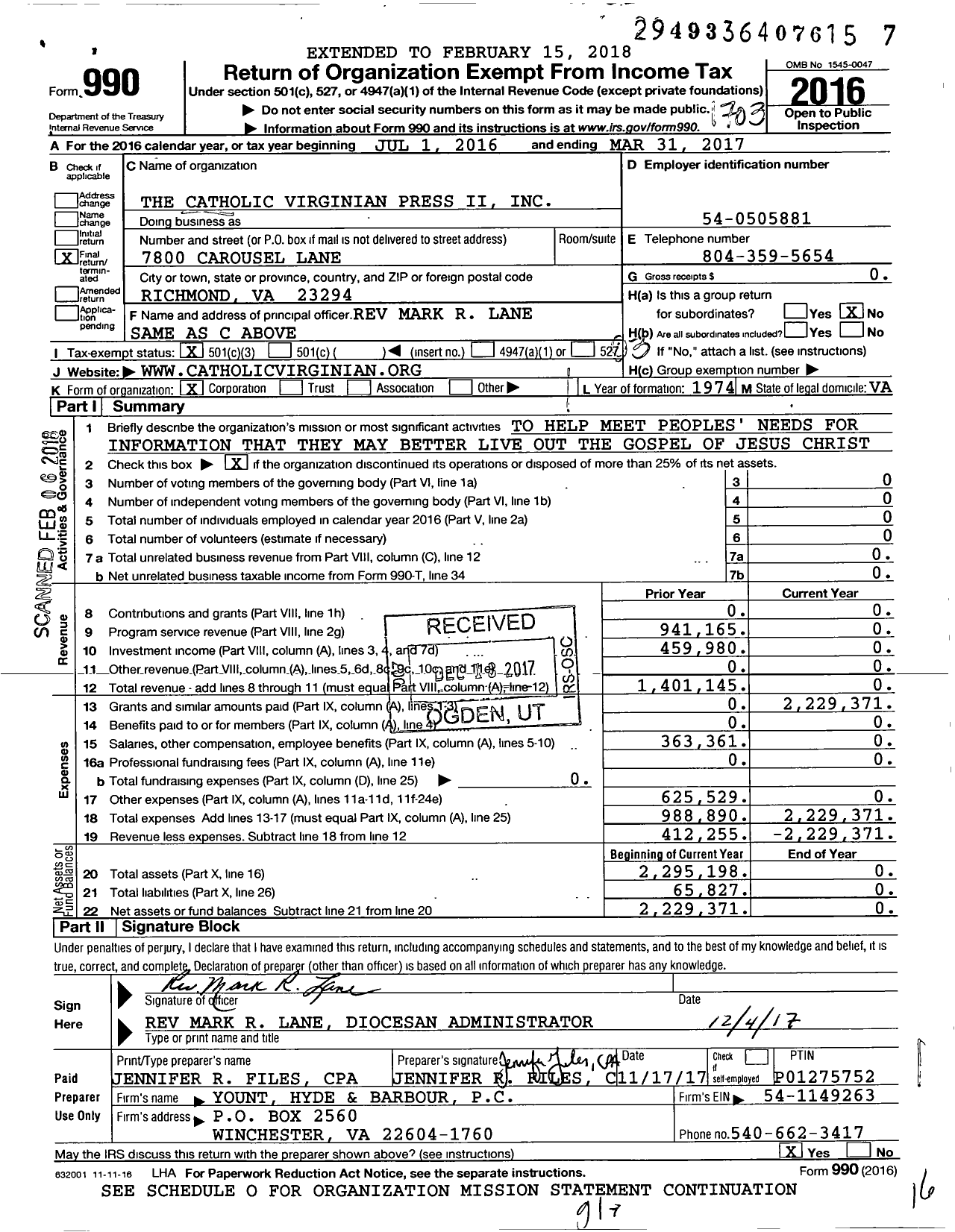 Image of first page of 2016 Form 990 for Catholic Virginian Press