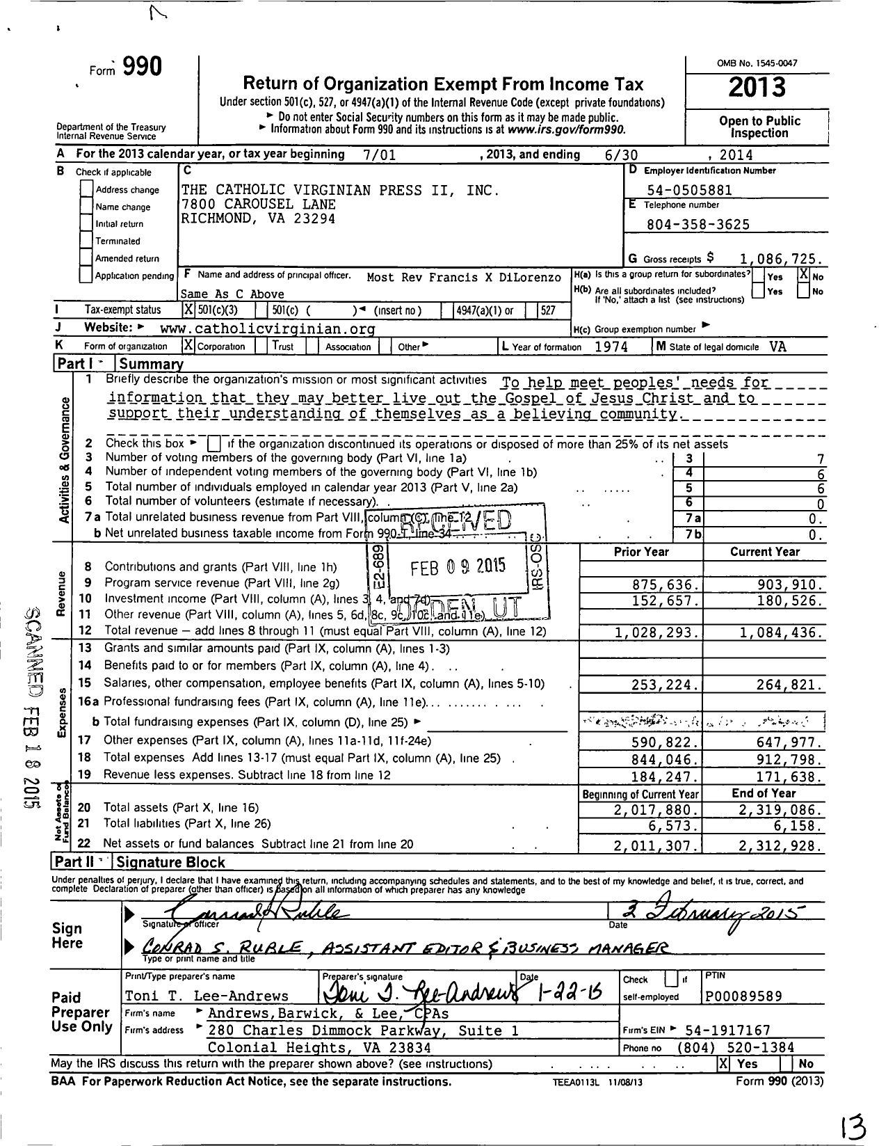 Image of first page of 2013 Form 990 for Catholic Virginian Press