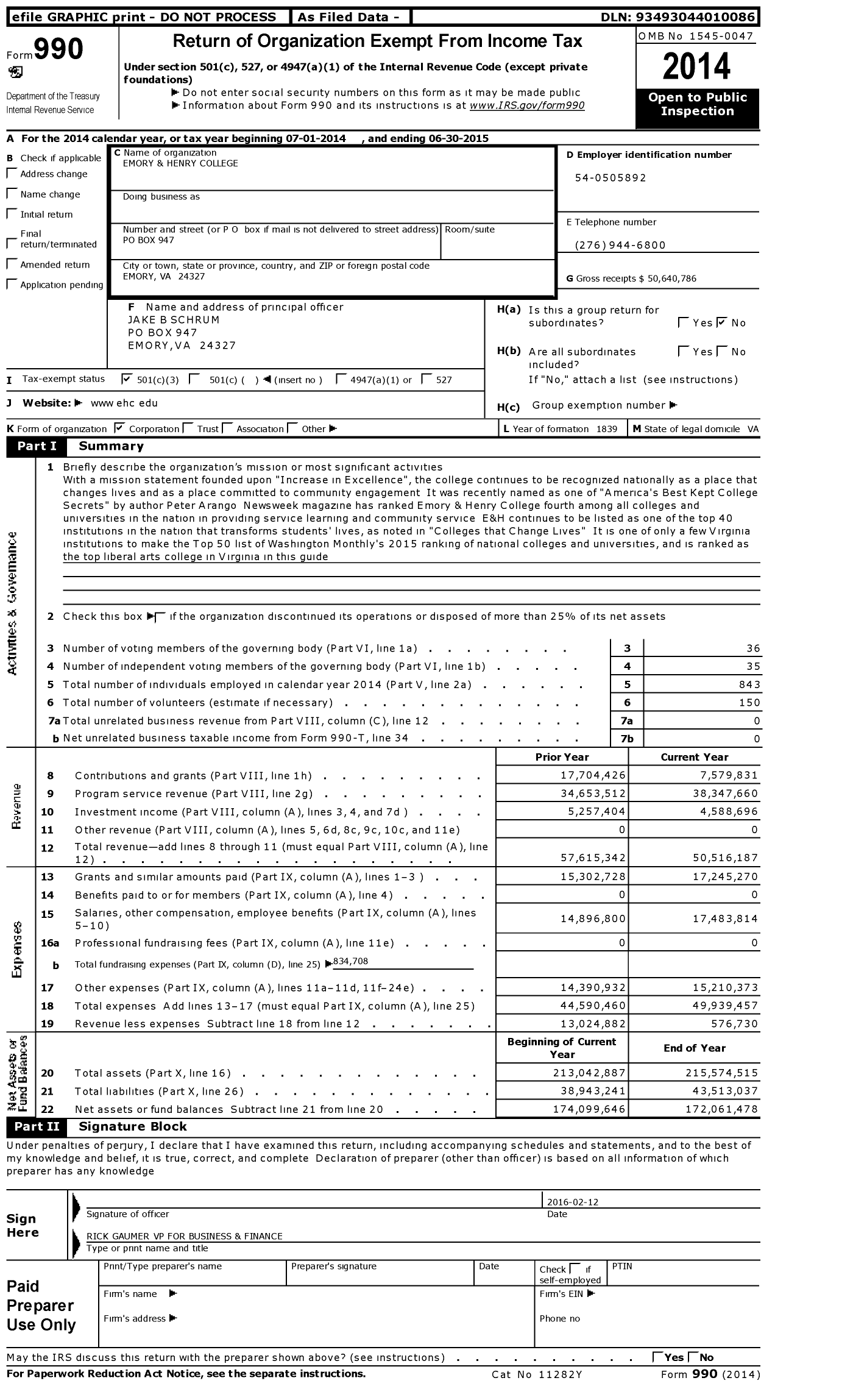 Image of first page of 2014 Form 990 for Emory and Henry College