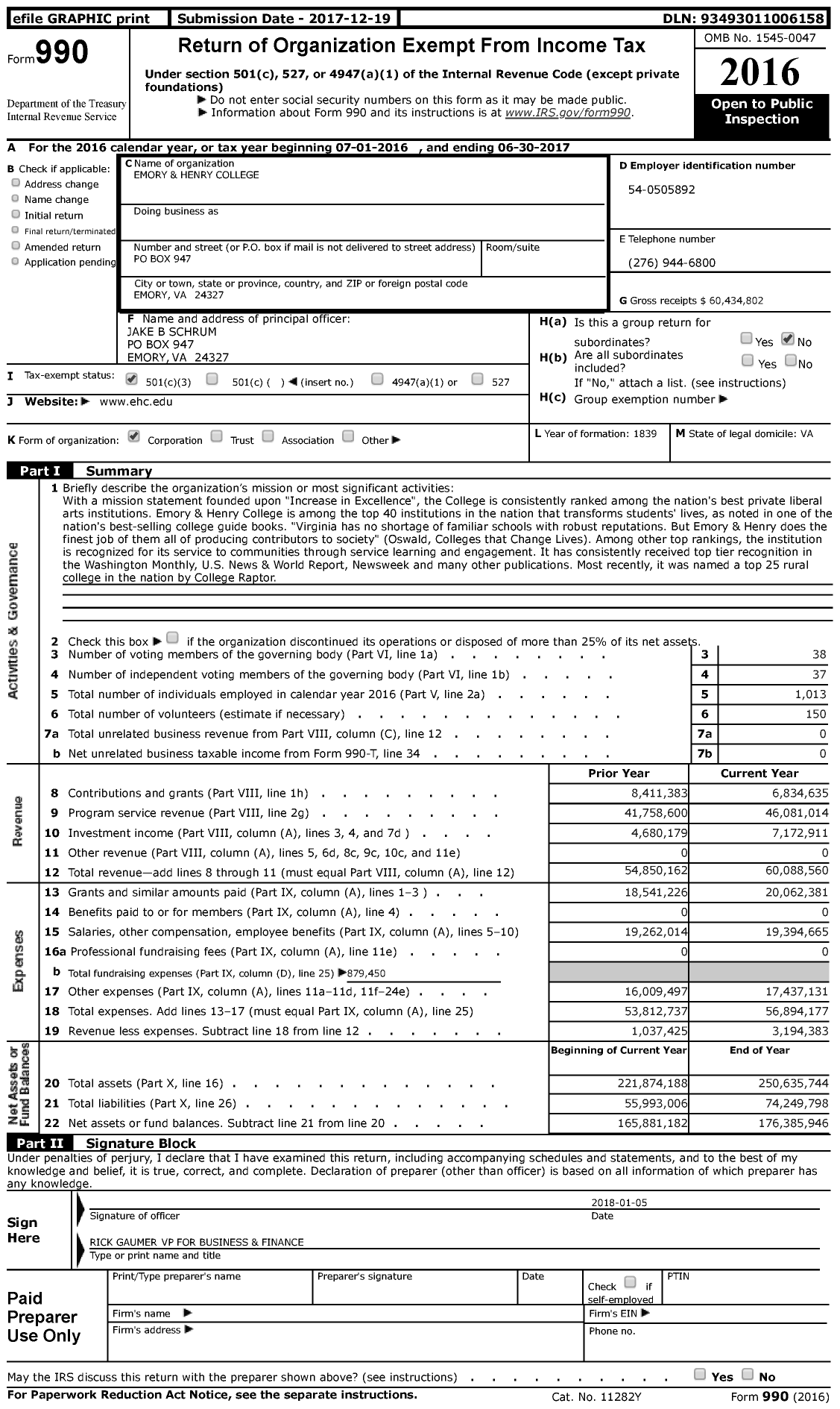 Image of first page of 2016 Form 990 for Emory and Henry College