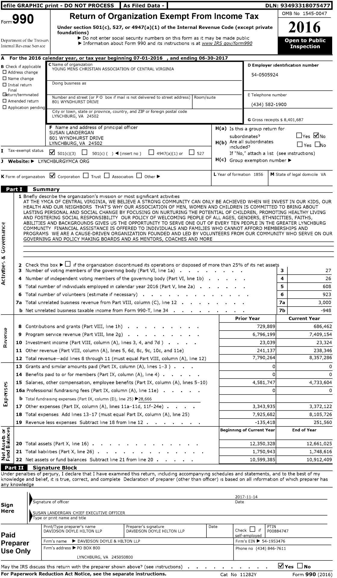 Image of first page of 2016 Form 990 for YMCA of Central Virginia