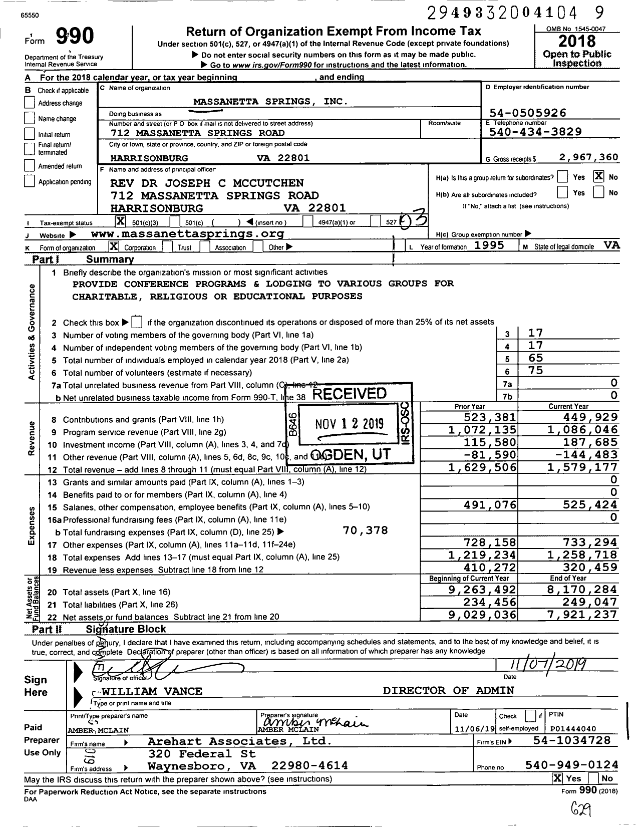 Image of first page of 2018 Form 990 for Massanetta Springs