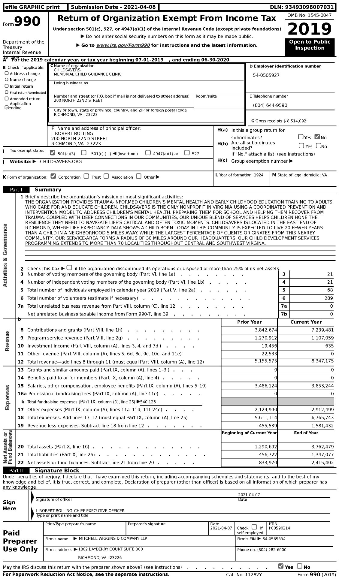 Image of first page of 2019 Form 990 for Childsavers- Memorial Child Guidance Clinic
