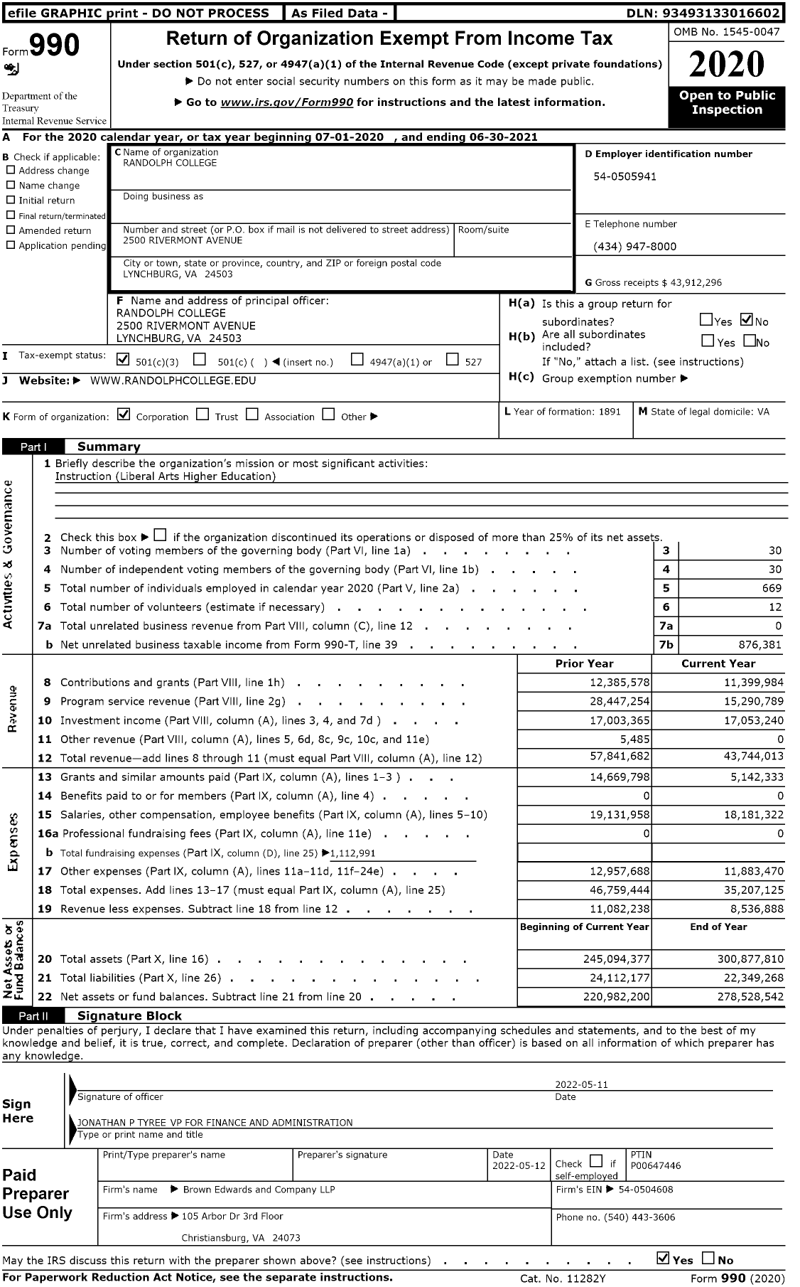 Image of first page of 2020 Form 990 for Randolph College