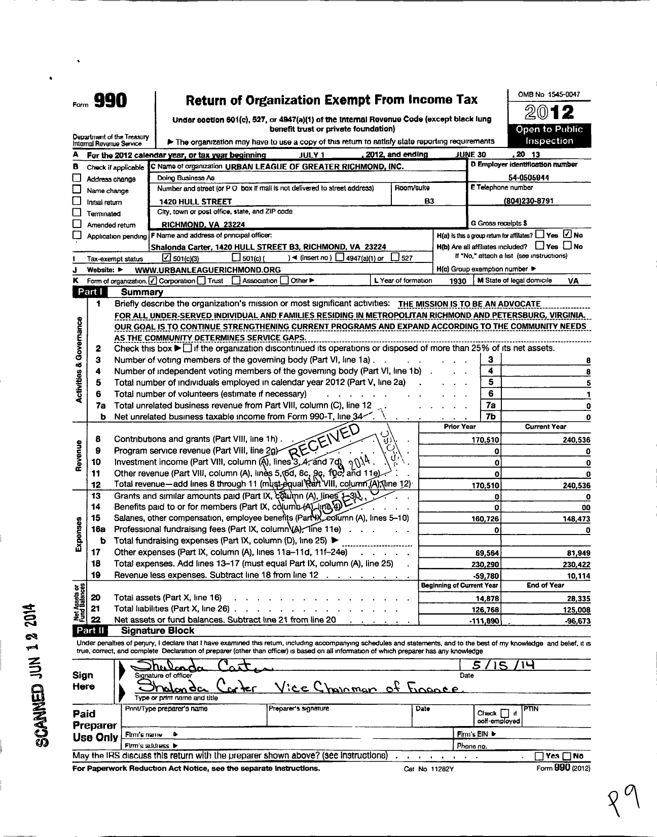 Image of first page of 2012 Form 990 for Urban League of Greater Richmond