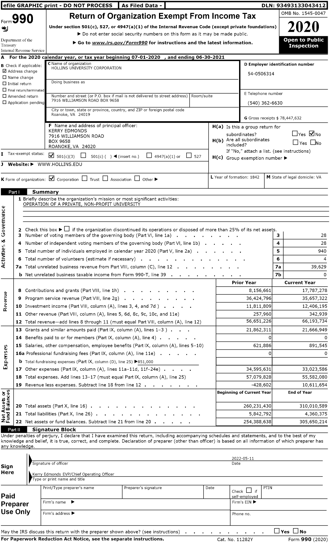 Image of first page of 2020 Form 990 for Hollins University Corporation