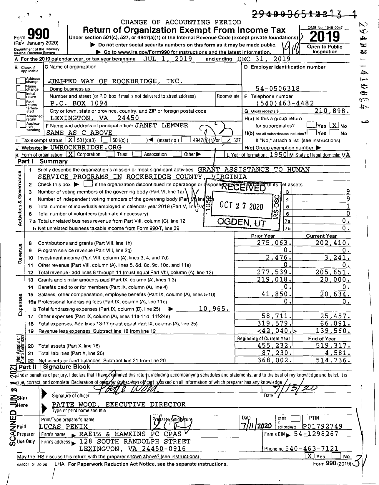 Image of first page of 2019 Form 990 for United Way of Rockbridge