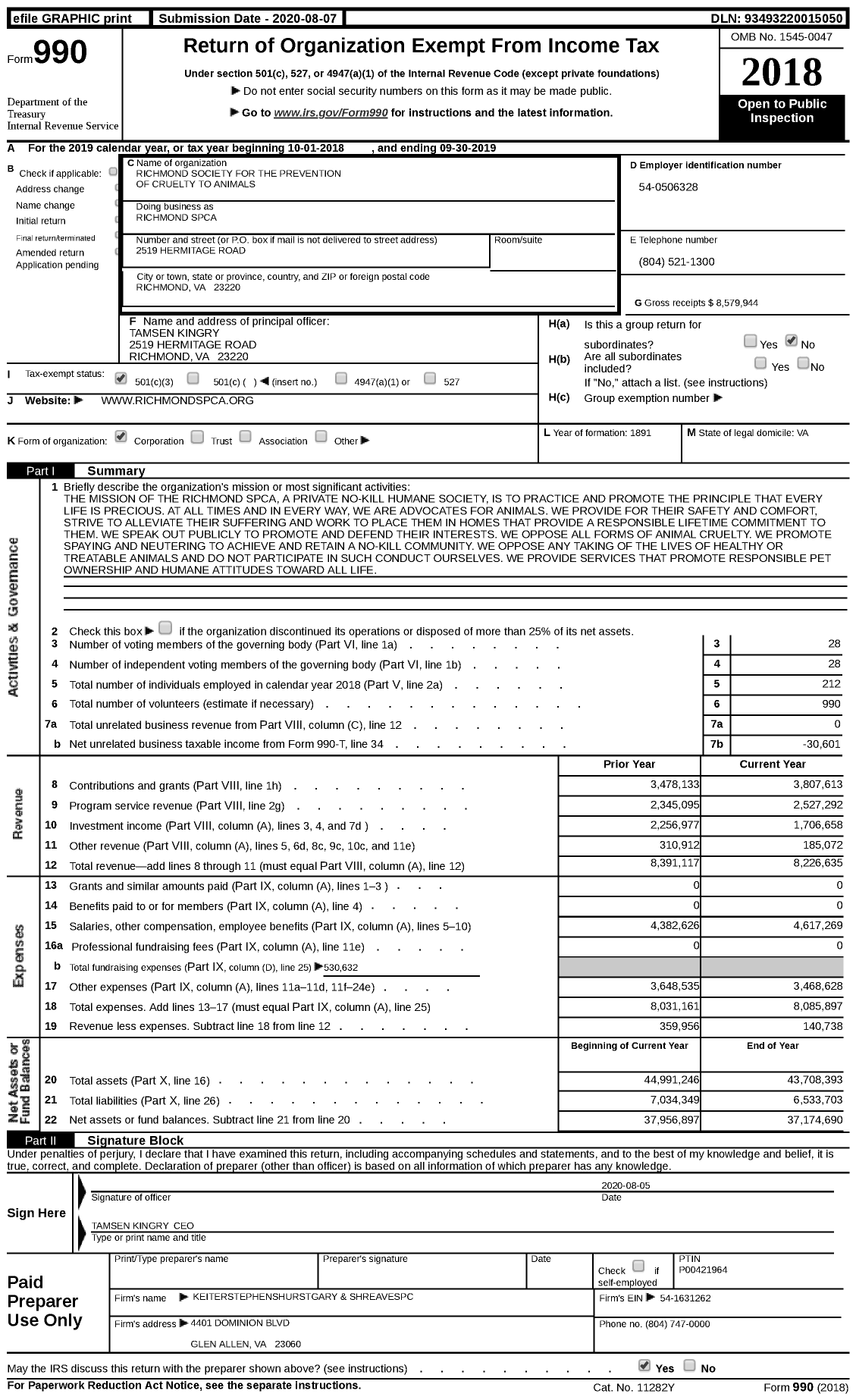 Image of first page of 2018 Form 990 for Richmond SPCA