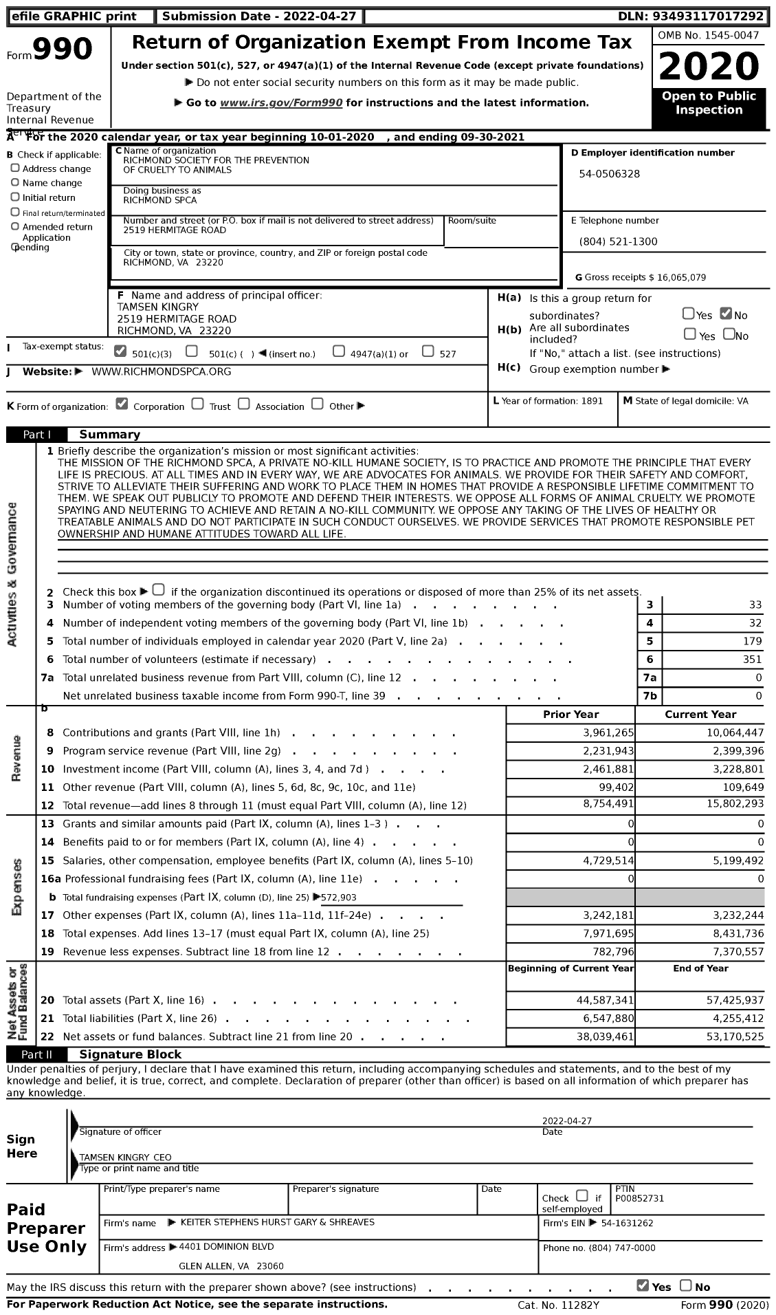 Image of first page of 2020 Form 990 for Richmond SPCA