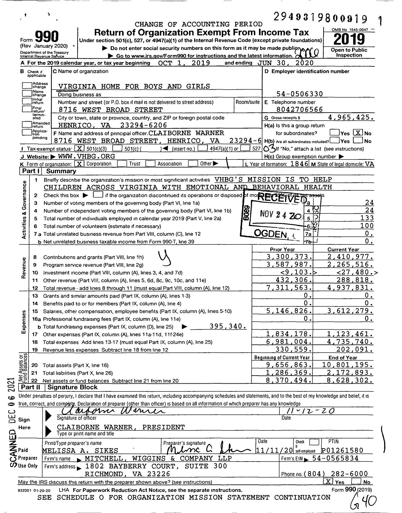 Image of first page of 2019 Form 990 for Virginia Home for Boys and Girls (VHBG)