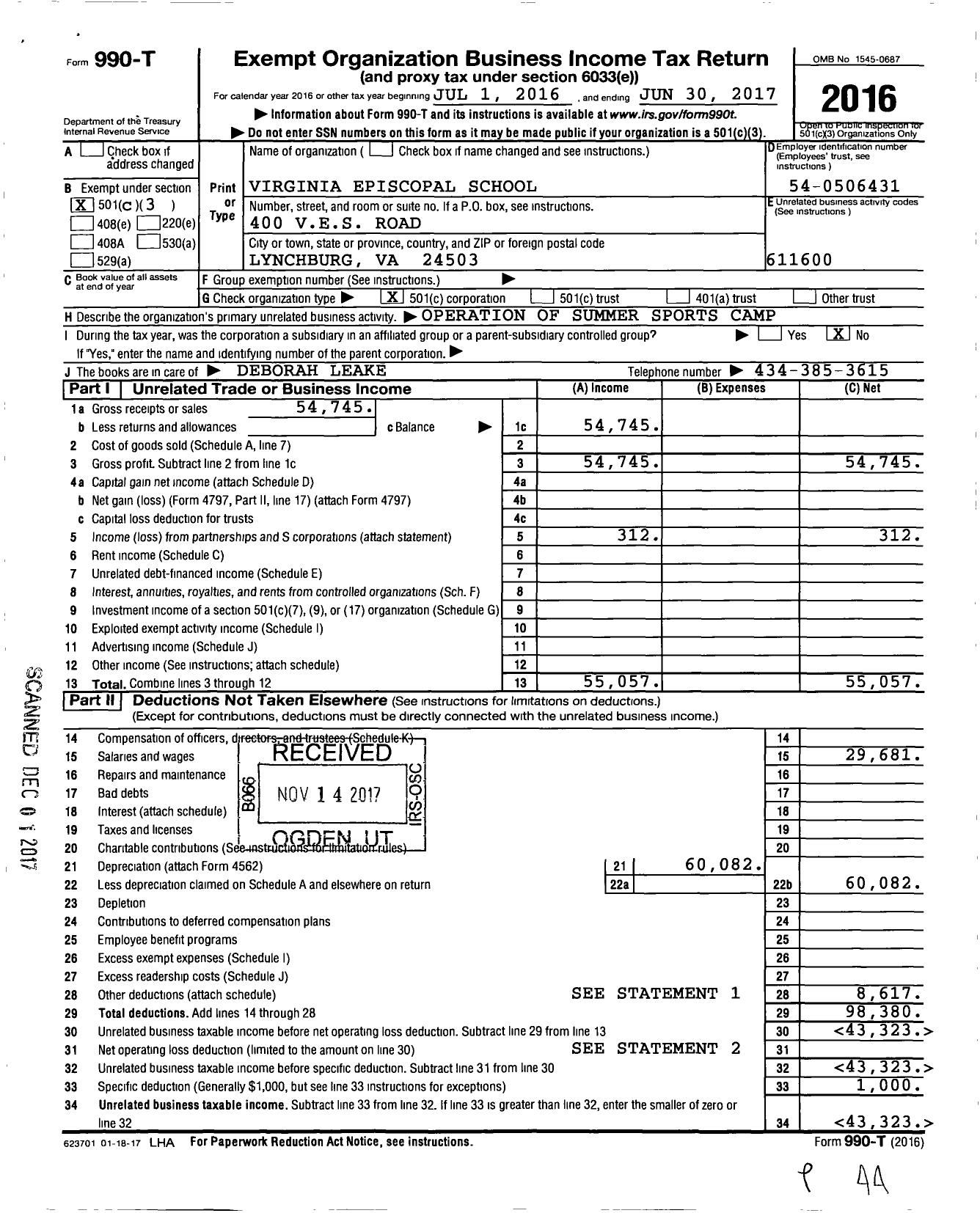 Image of first page of 2016 Form 990T for Virginia Episcopal School