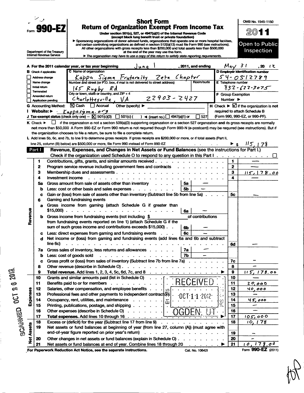 Image of first page of 2011 Form 990EZ for Kappa Sigma Fraternity - 1 Zeta Chapter