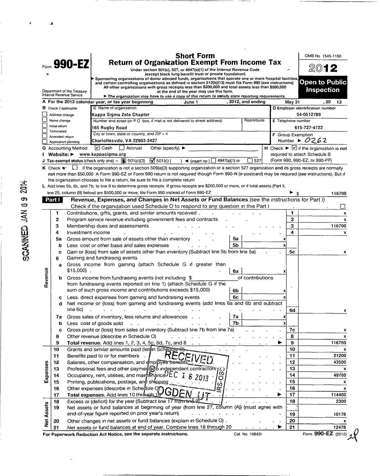 Image of first page of 2012 Form 990EO for Kappa Sigma Fraternity - 1 Zeta Chapter