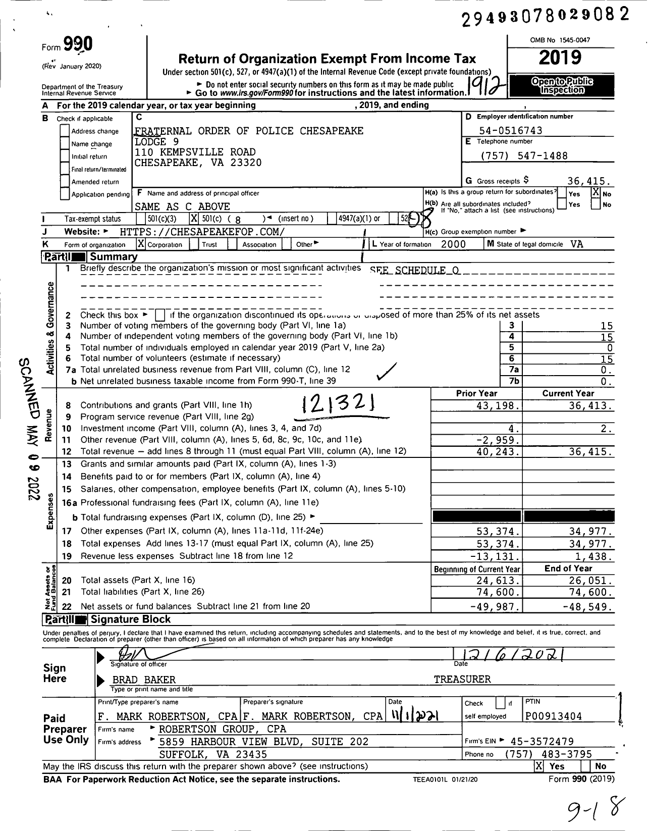 Image of first page of 2019 Form 990O for Fraternal Order of Police Chesapeake Lodge 9