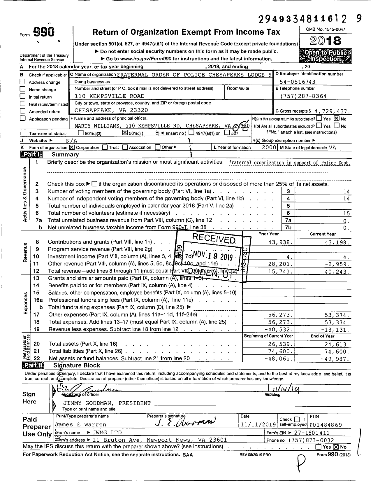 Image of first page of 2018 Form 990O for Fraternal Order of Police Chesapeake Lodge 9