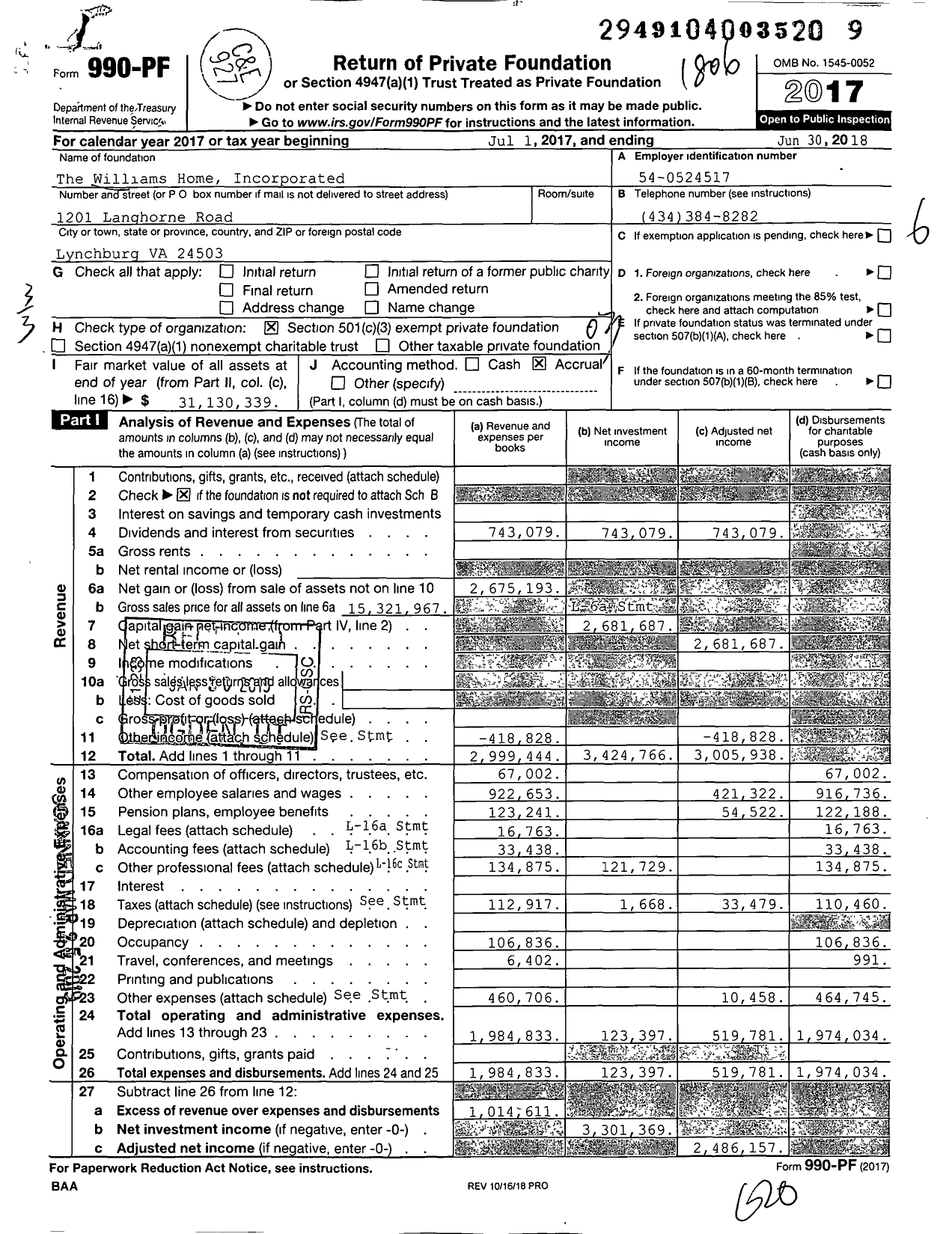 Image of first page of 2017 Form 990PF for The Williams Home Incorporated