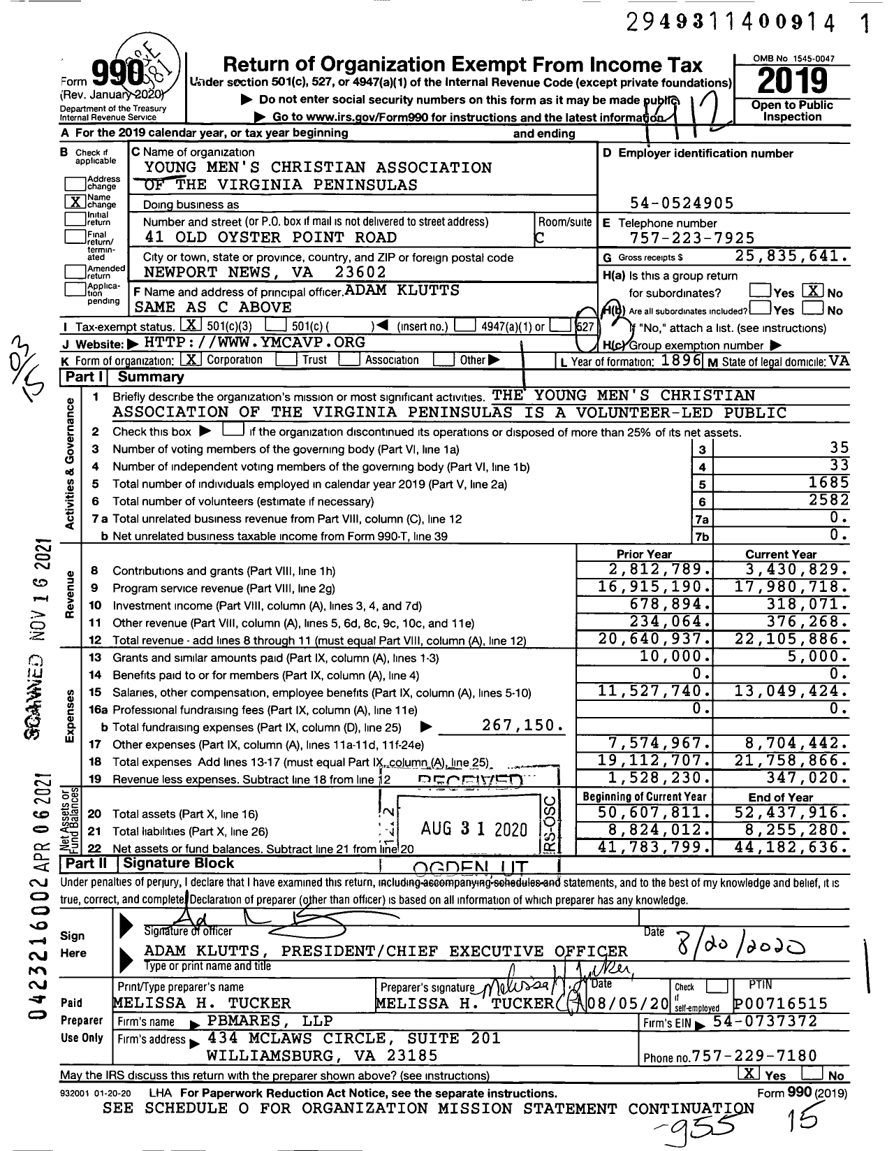 Image of first page of 2019 Form 990 for Young Men's Christian Association of the Virginia Peninsulas