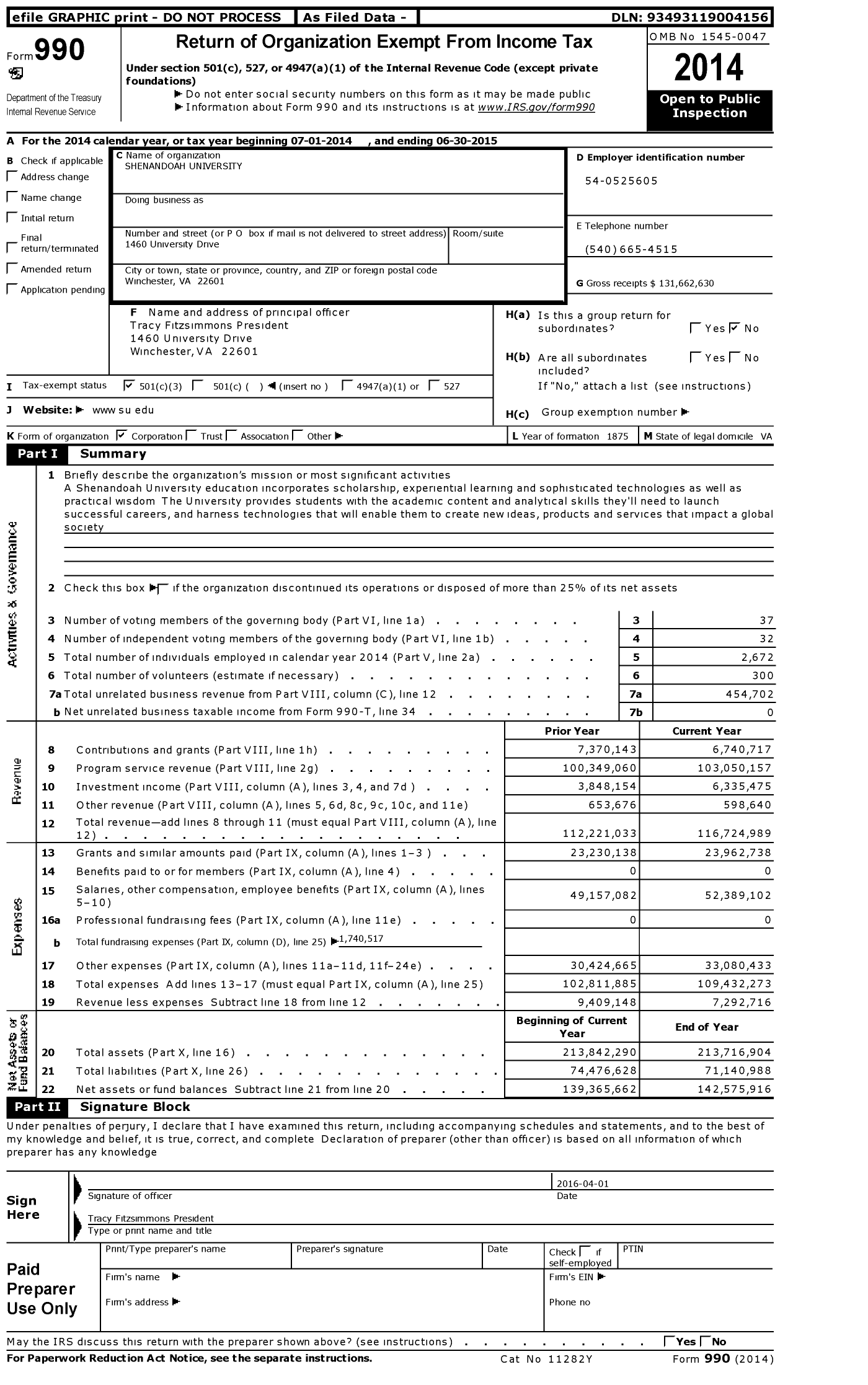Image of first page of 2014 Form 990 for Shenandoah University