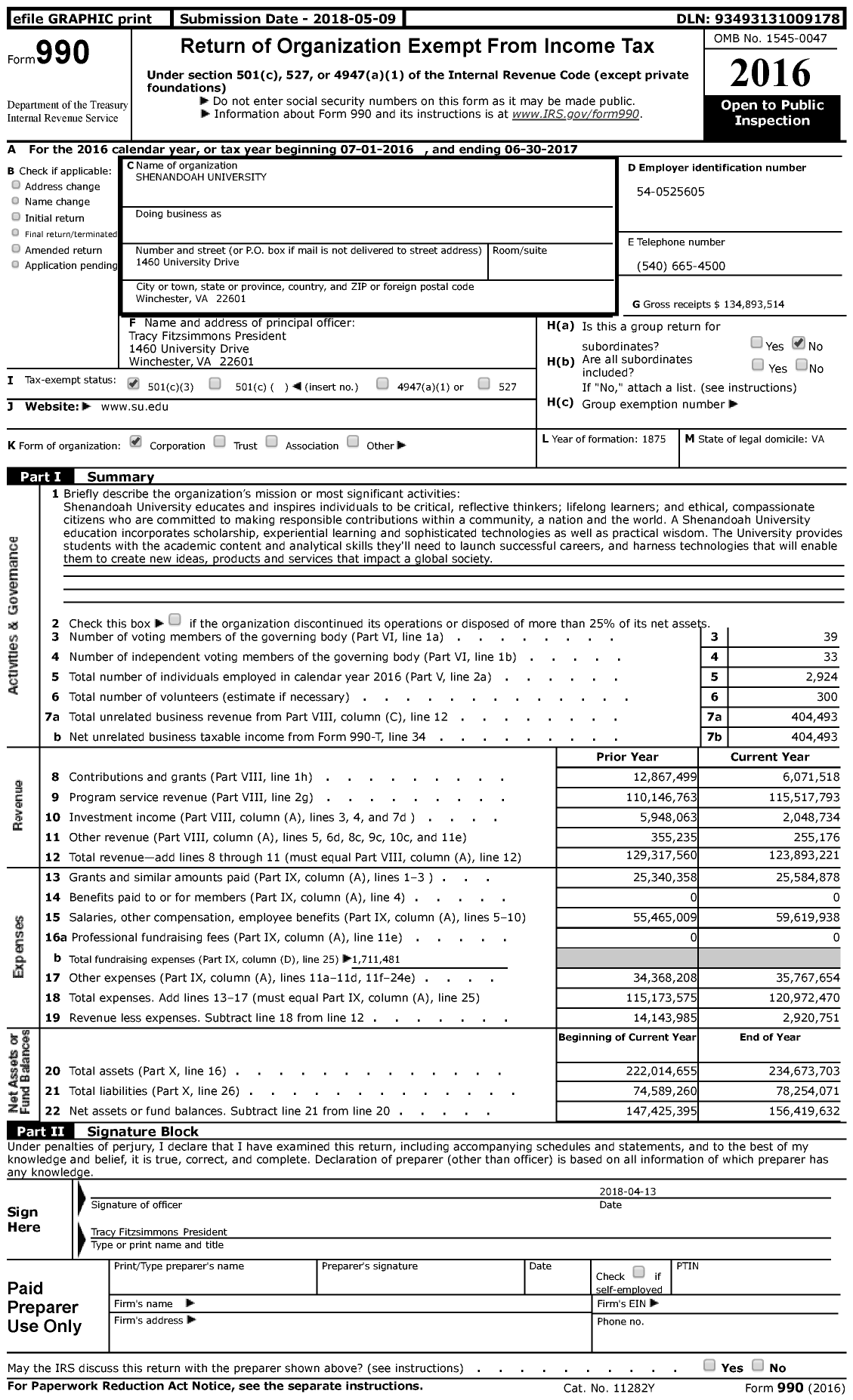 Image of first page of 2016 Form 990 for Shenandoah University
