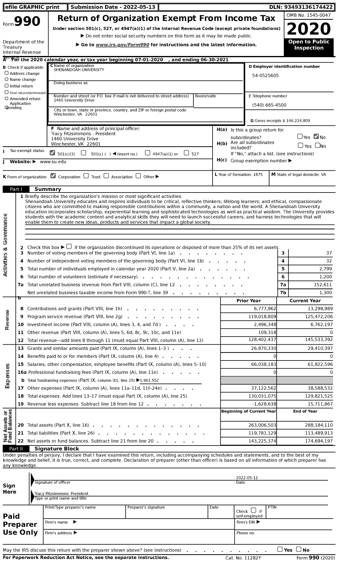 Image of first page of 2020 Form 990 for Shenandoah University