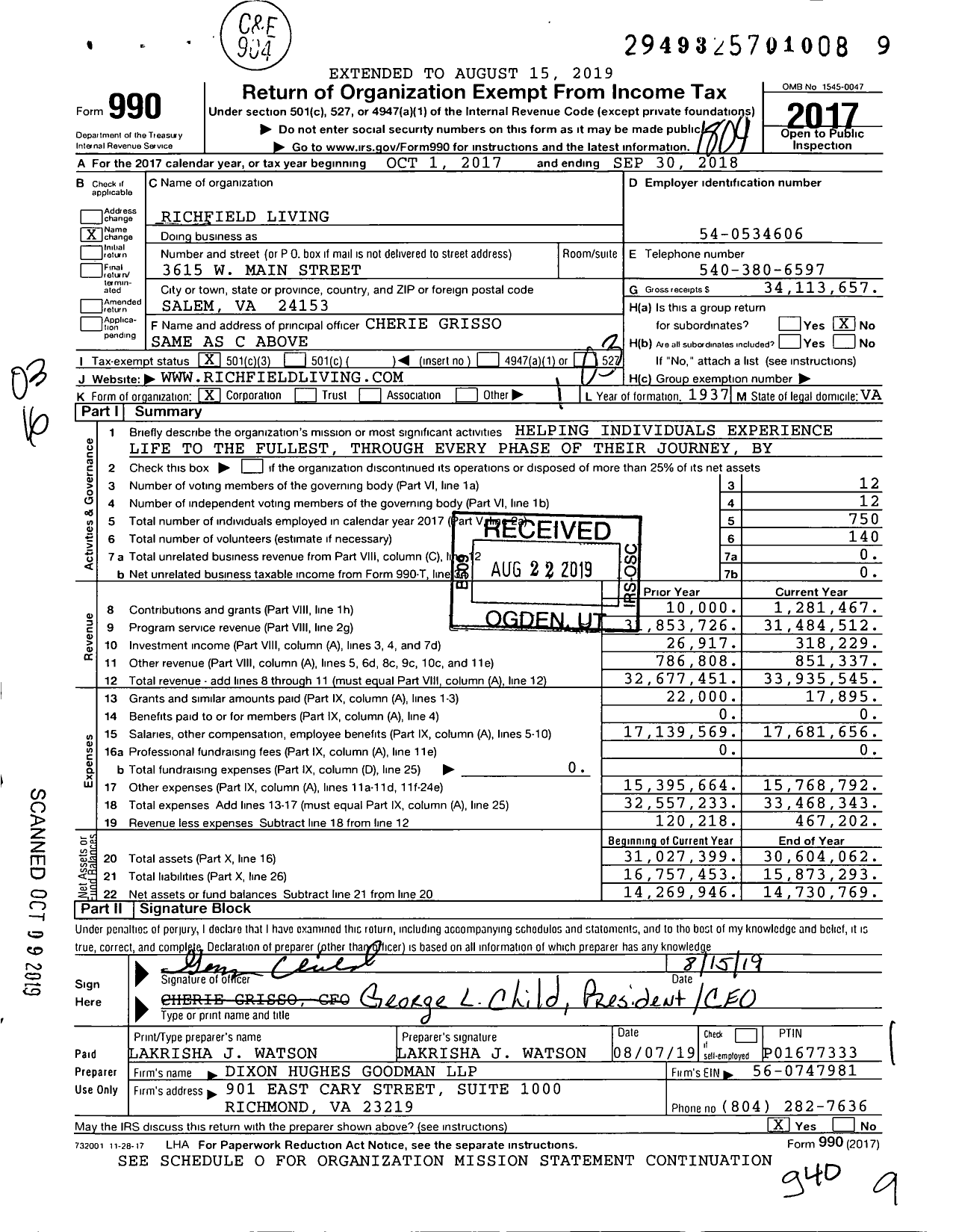 Image of first page of 2017 Form 990 for Richfield Living