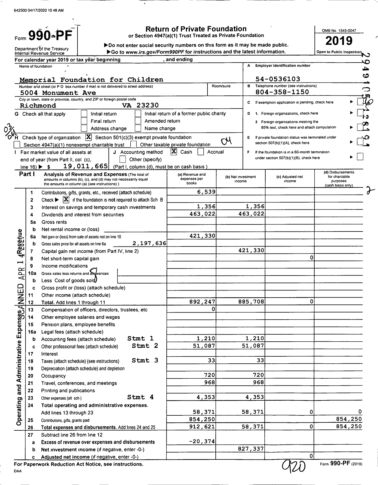 Image of first page of 2019 Form 990PF for Memorial Foundation for Children