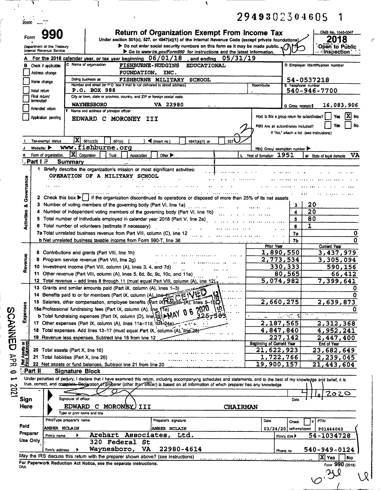 Image of first page of 2018 Form 990 for Fishburne Military School