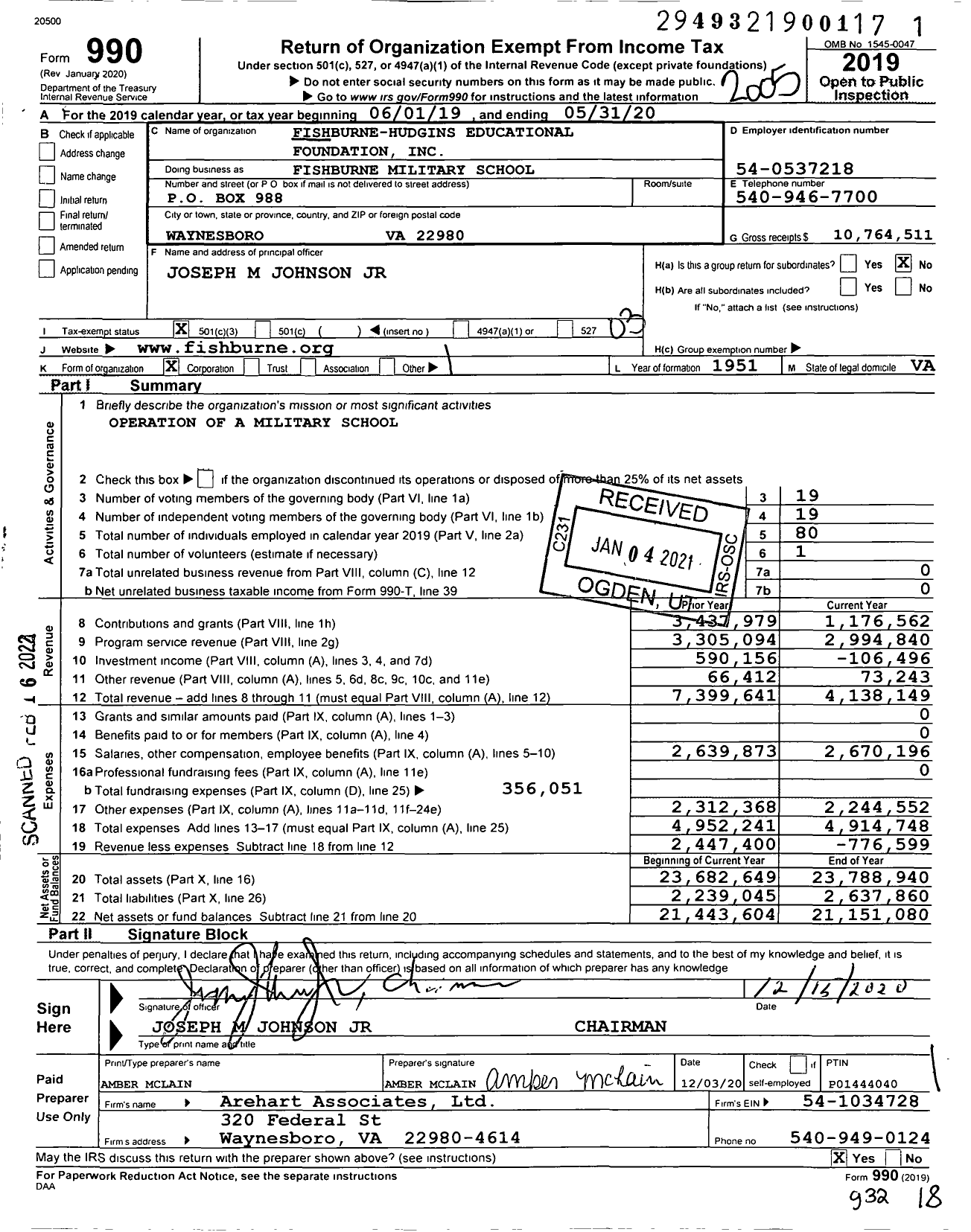 Image of first page of 2019 Form 990 for Fishburne Military School