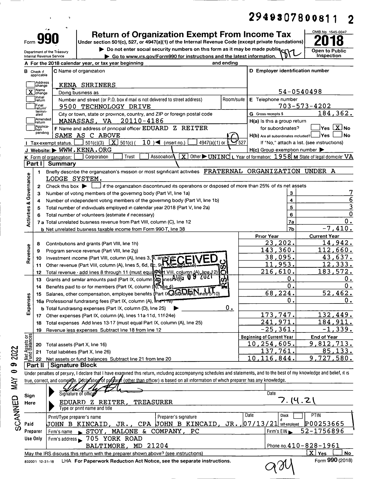 Image of first page of 2018 Form 990O for Shriners International - Kena Shriners