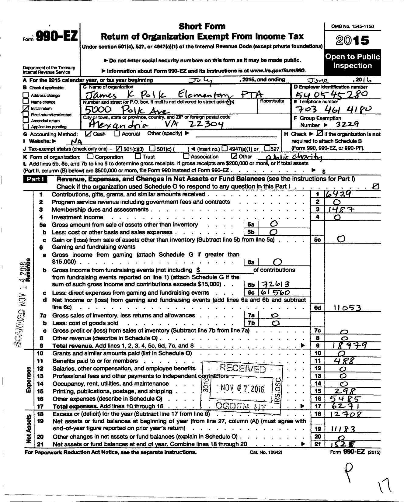 Image of first page of 2015 Form 990EZ for Virginia PTA - James K Polk Elem PTA